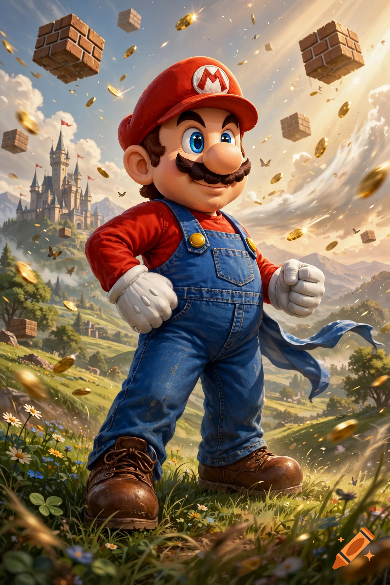Digital illustration of Mario standing in a vibrant fantasy landscape with floating brick blocks, coins, and a castle in the background.