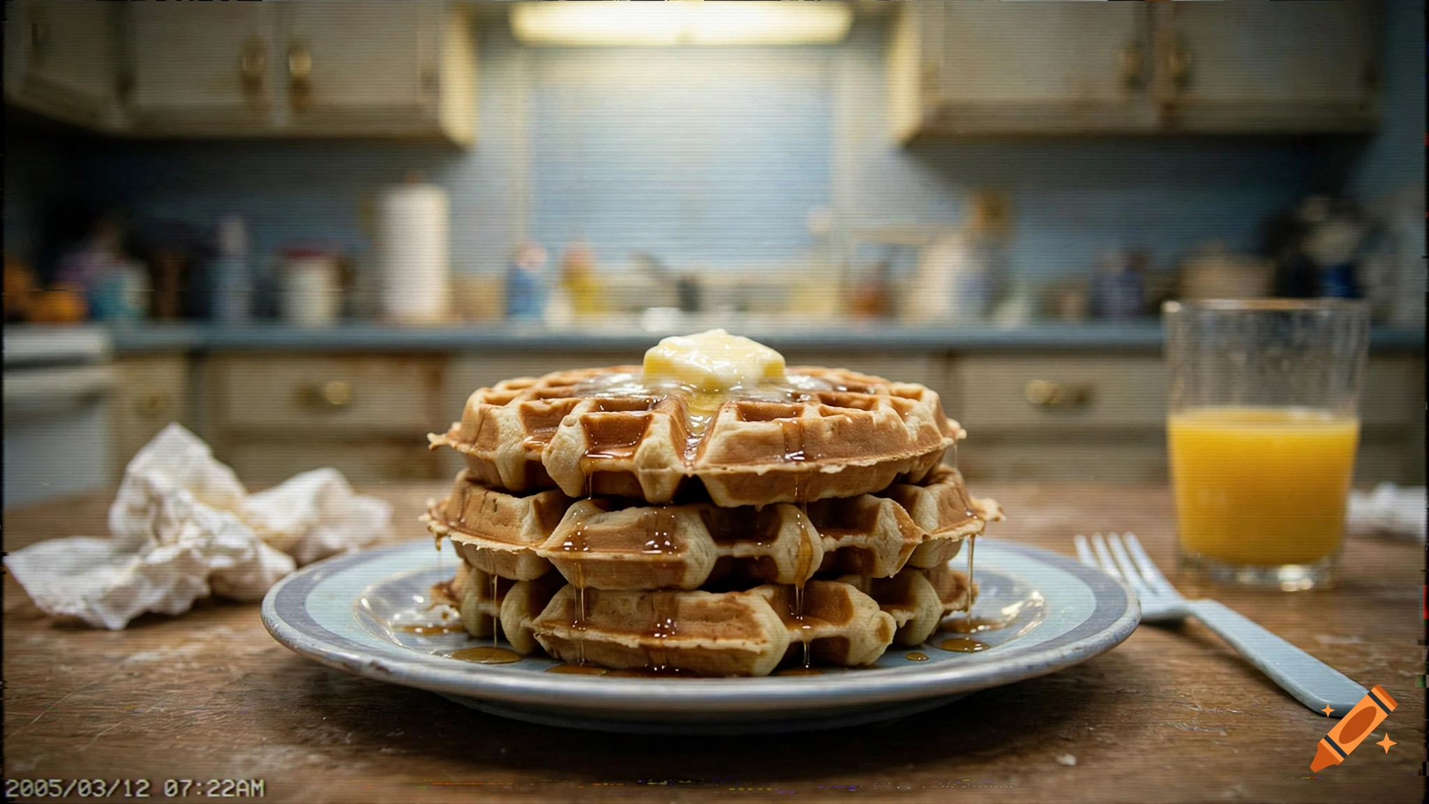 A stack of waffles topped with butter and syrup on a plate, alongside a glass of orange juice on a wooden table in a retro kitchen setting.