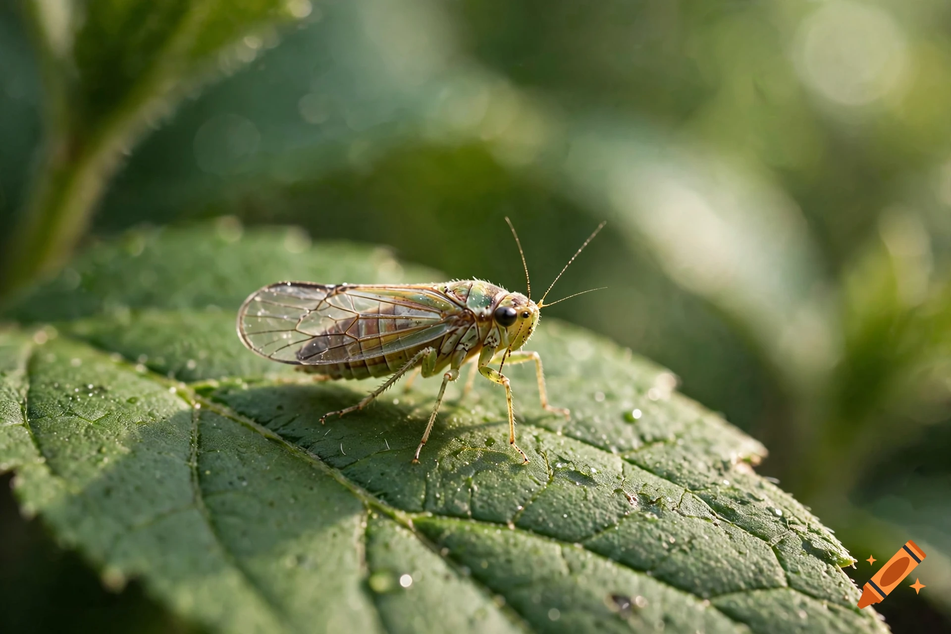 Macro photograph of a small green insect resting on a dewy leaf.