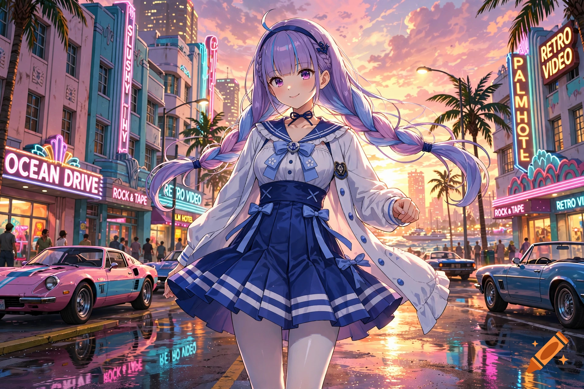 Anime style illustration of VTuber Minato Aqua in a retro city street with neon signs and vintage cars at sunset.