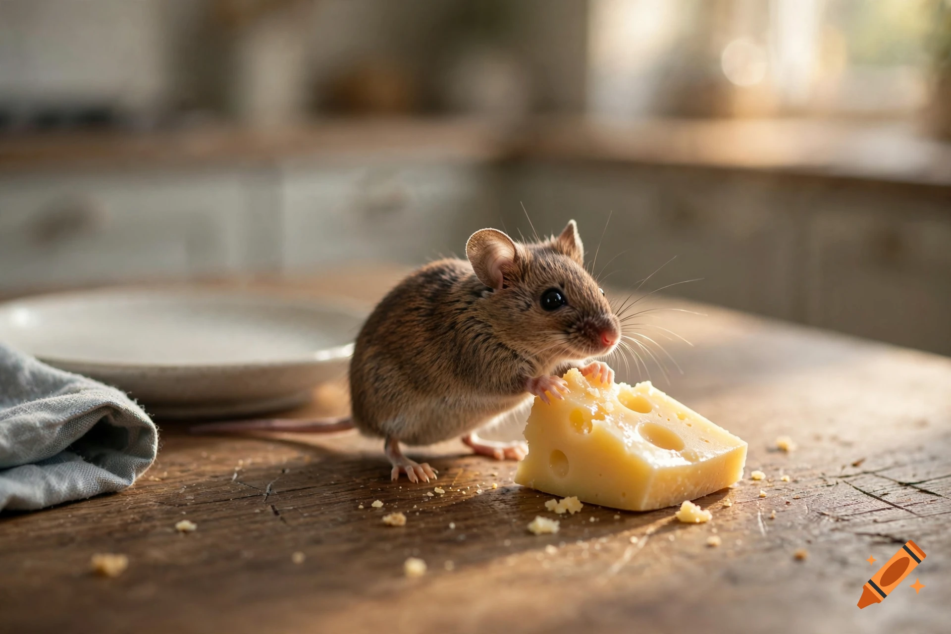 Photorealistic image of a small brown mouse on a wooden kitchen table, stealing a wedge of cheese.