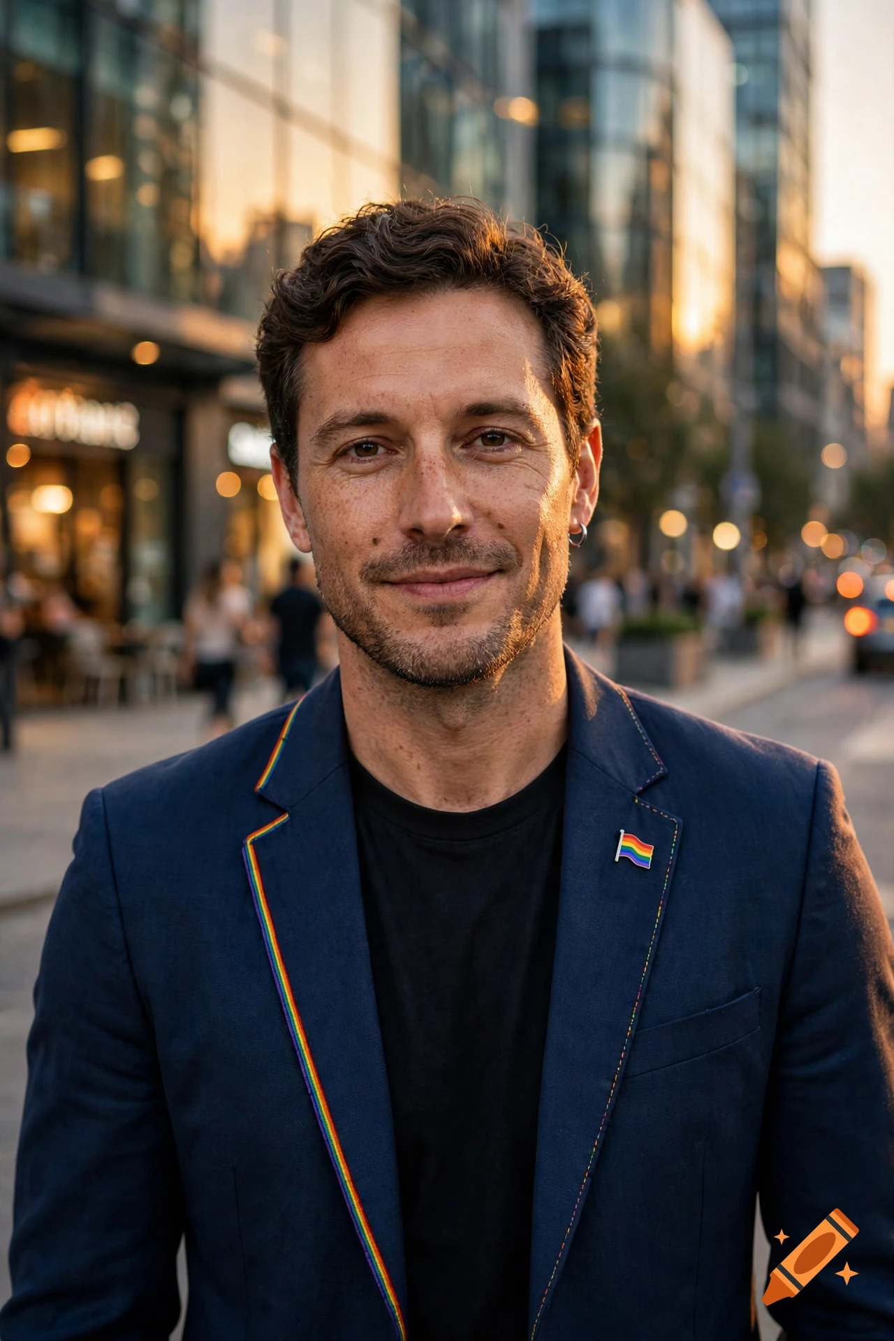 Photorealistic portrait of a man with brown hair and a beard, wearing a navy blue jacket with rainbow details, standing in an urban street at sunset.