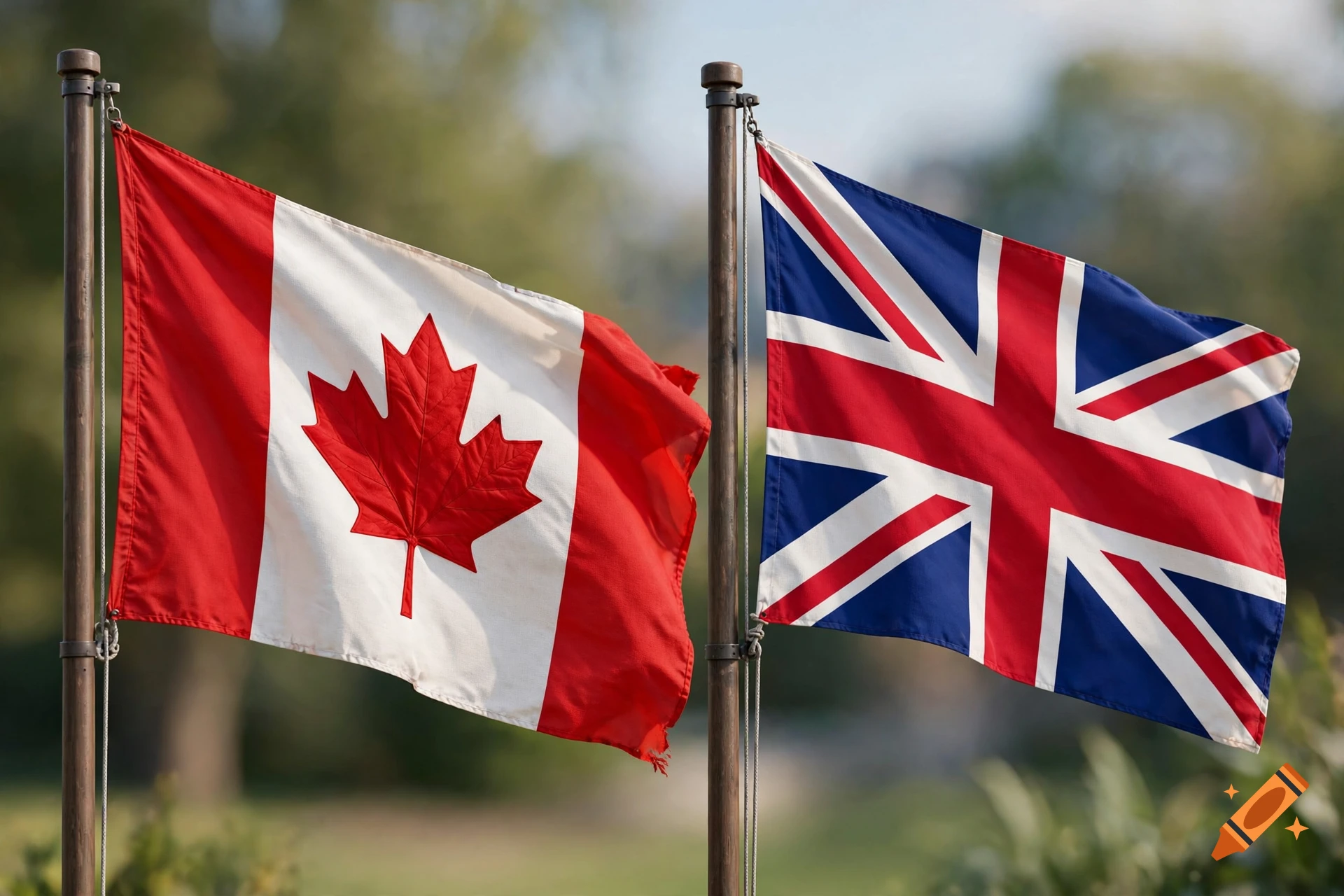 Photorealistic image of the Canadian and British flags waving side by side on flagpoles.