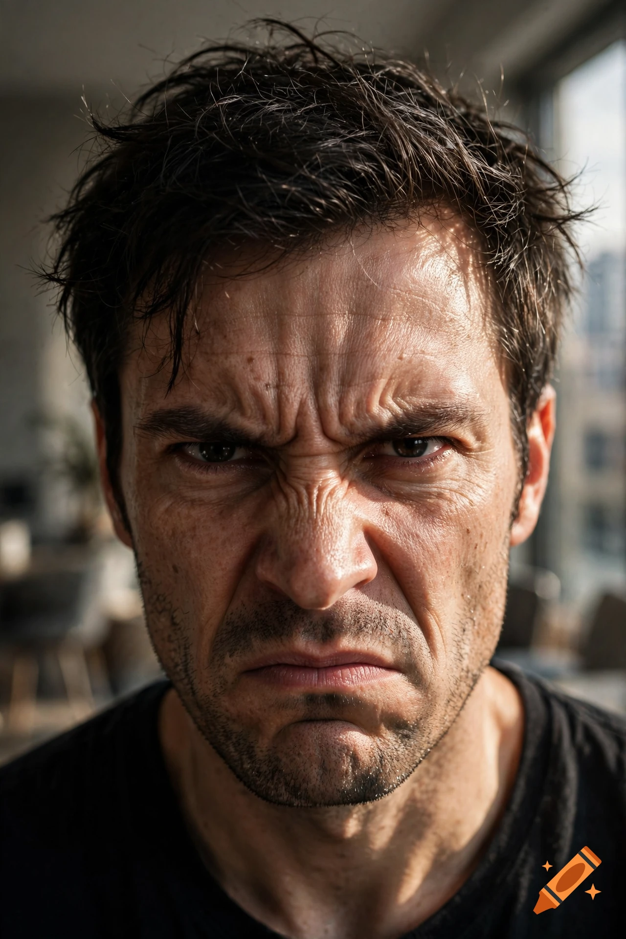 Close-up photorealistic portrait of an angry man with messy hair and furrowed brow.