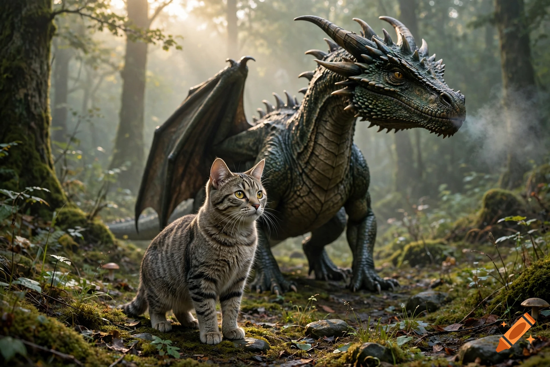 Photorealistic image of a tabby cat standing in a sunlit forest next to a large green dragon.
