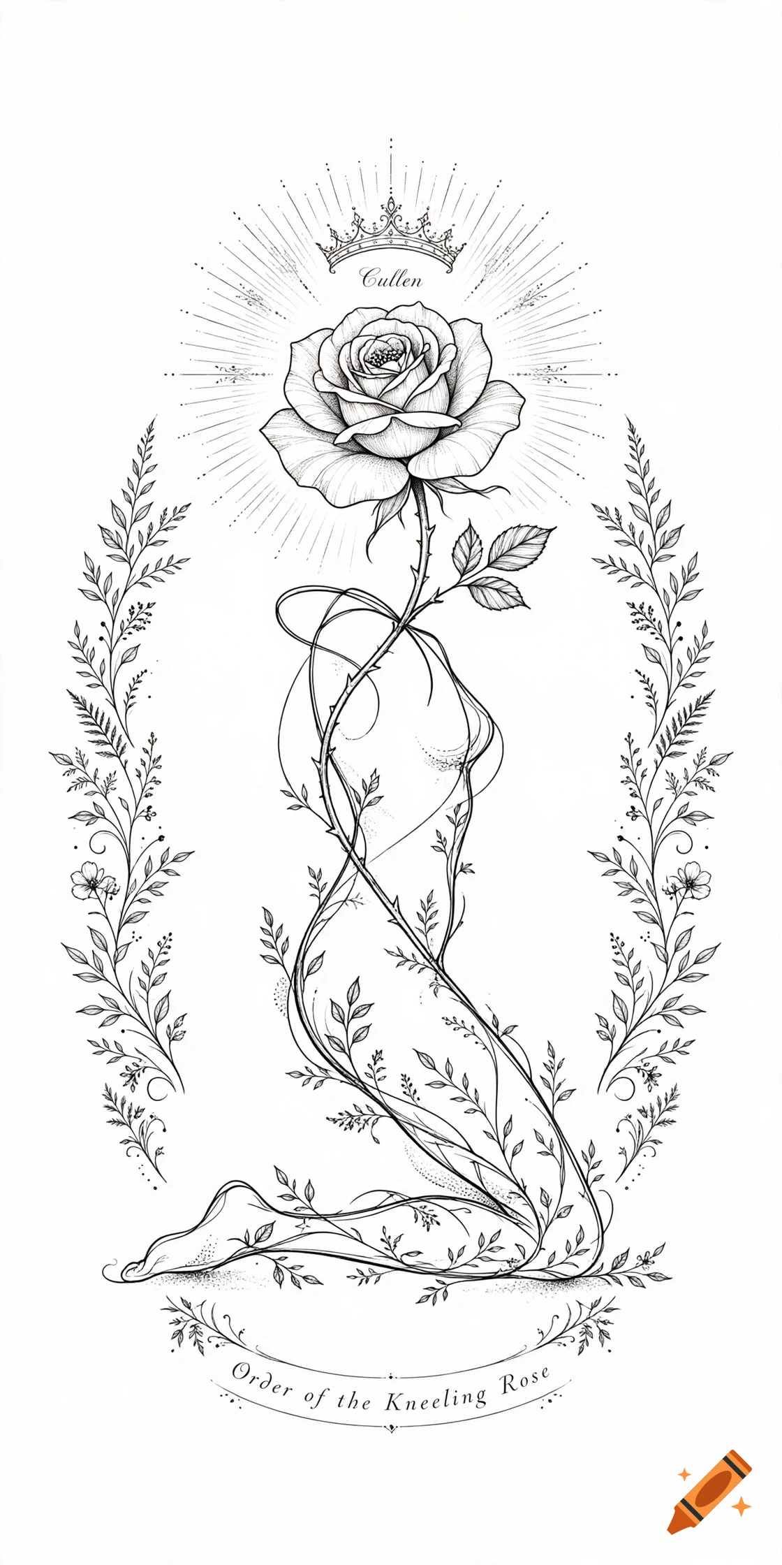 Fine line tattoo design featuring a blooming rose with a crown, leafy vines shaping a kneeling human figure, and text.
