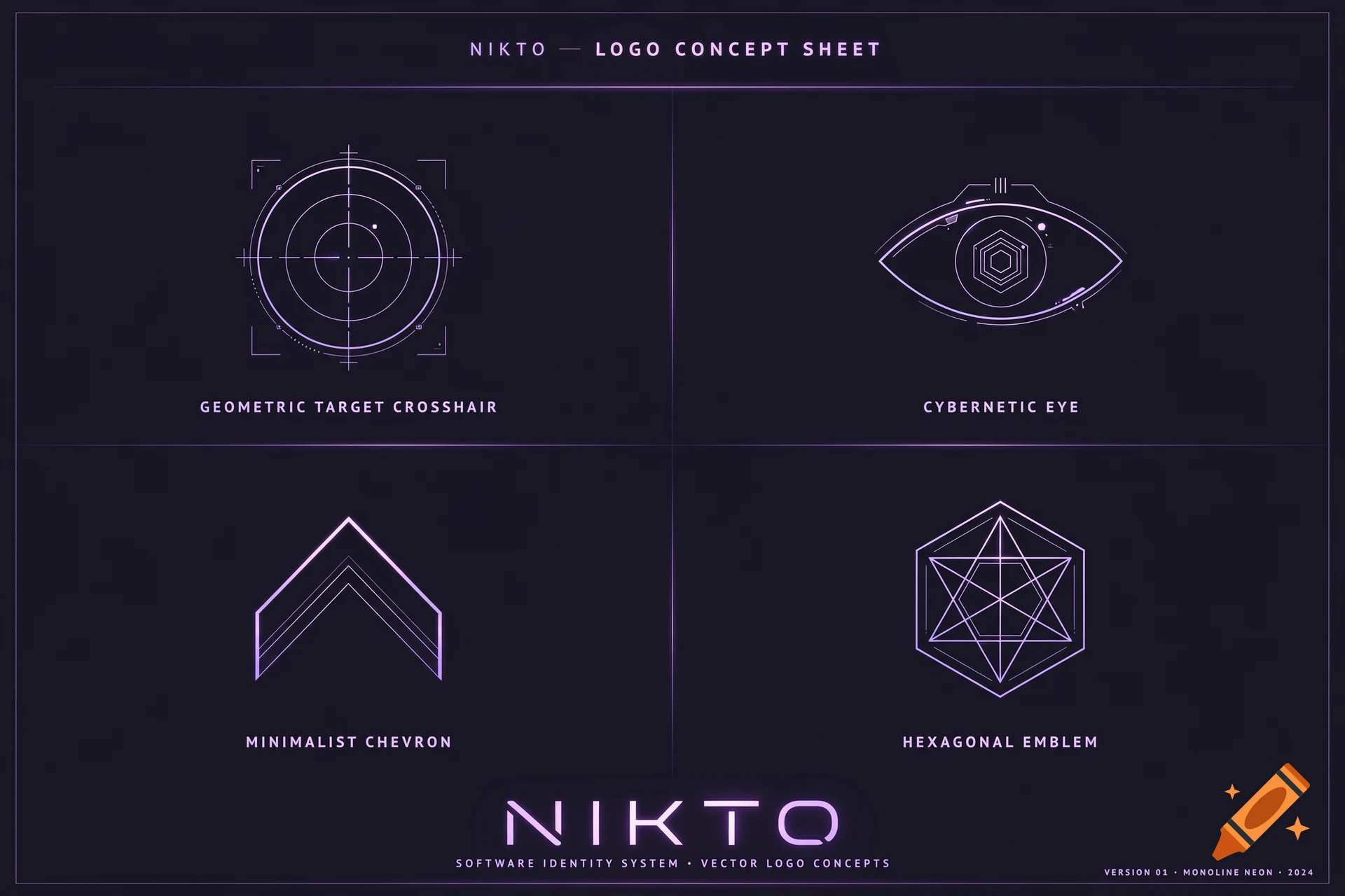 Modern vector logo concept sheet for NIKTO featuring four minimalist futuristic icons in neon purple on a dark background.