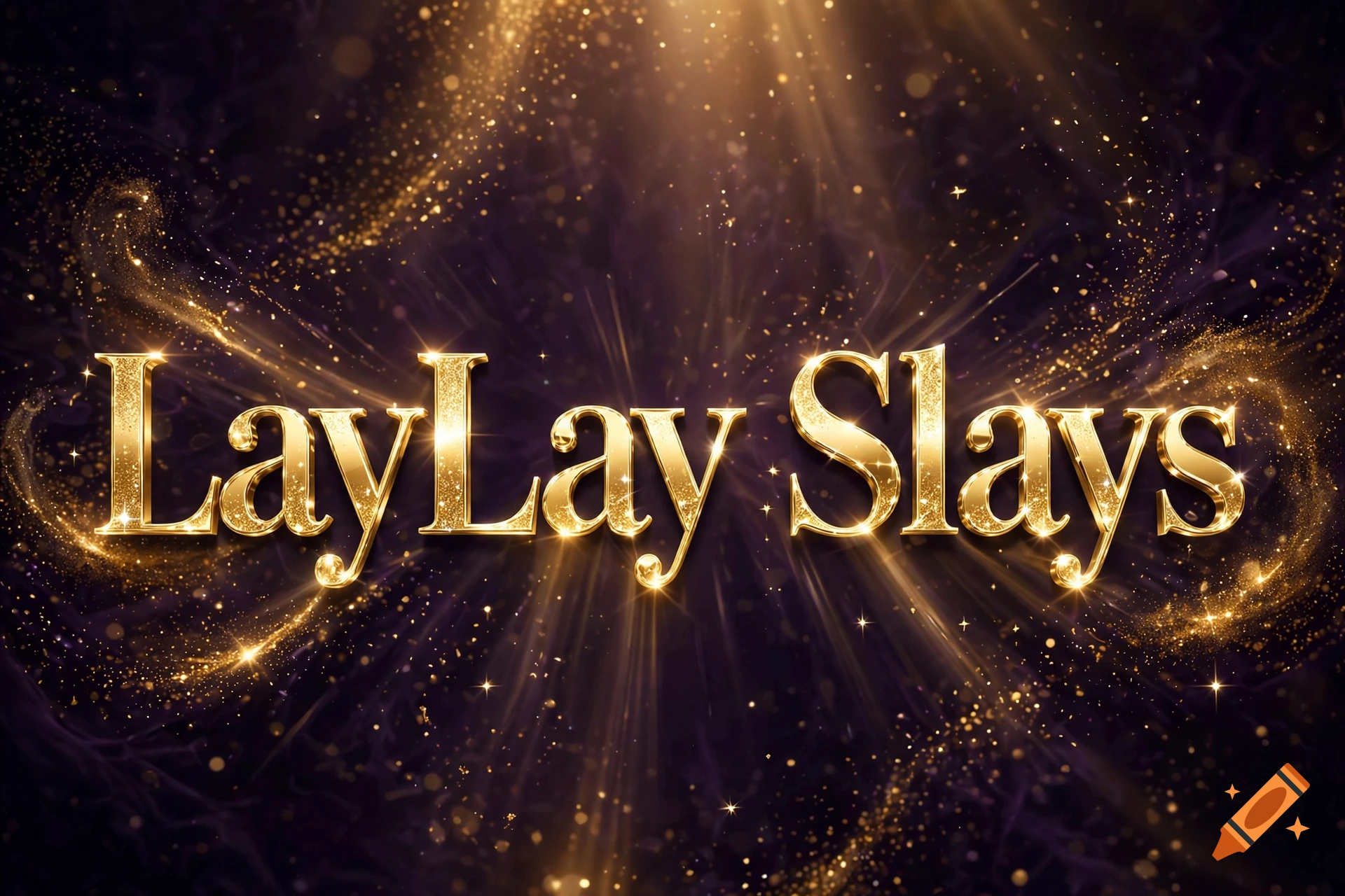 Gold sparkly 3D text reading LayLay Slays against a dark purple sparkling background with light rays.