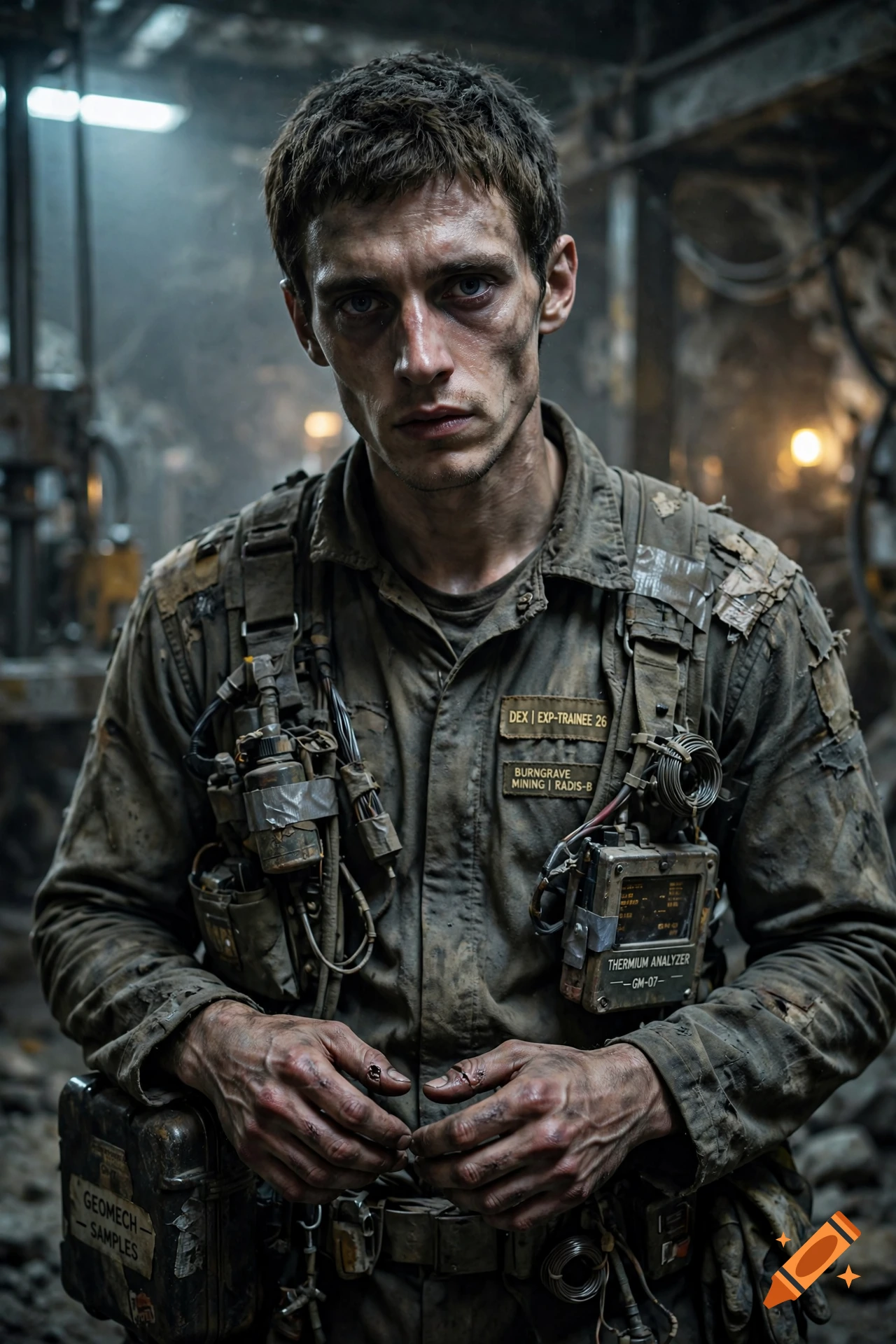 Photorealistic portrait of a tired, dusty young male miner with badges and equipment in an industrial setting.