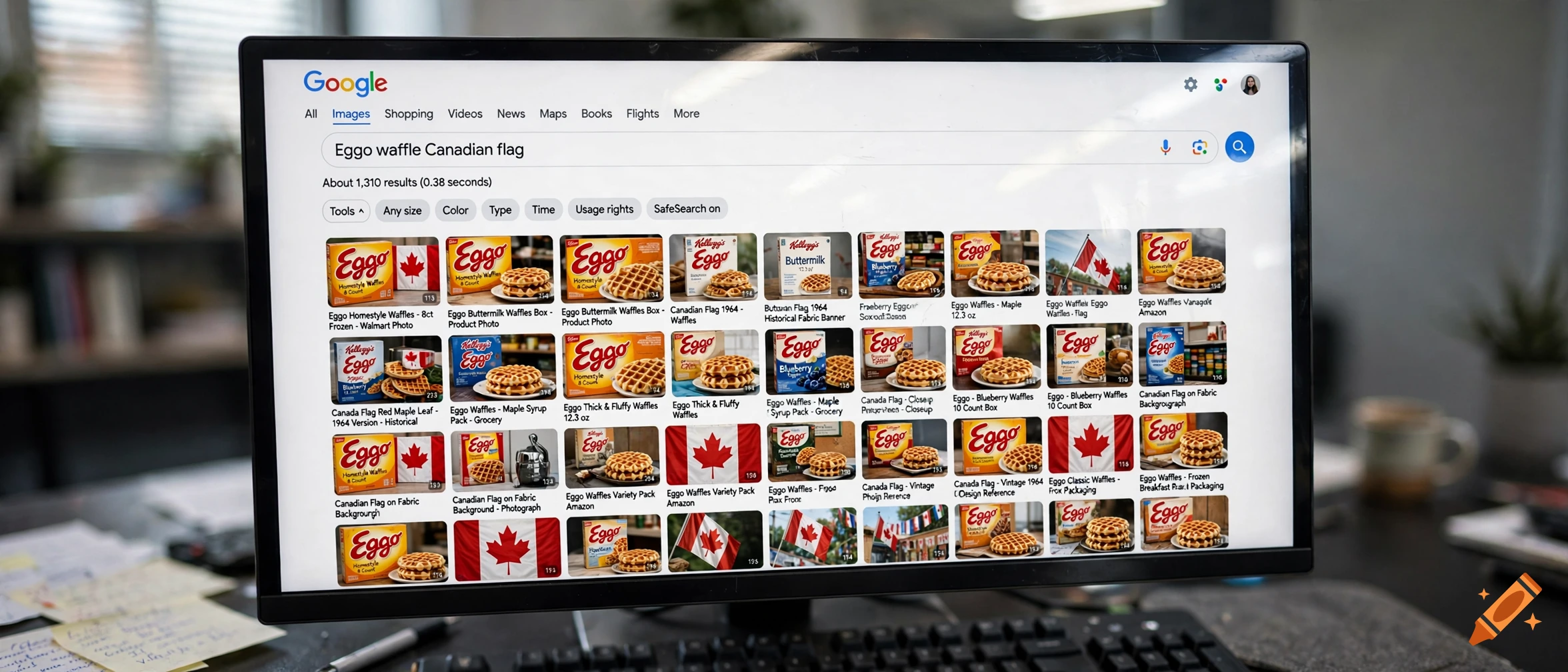 Close-up photograph of a monitor showing a Google image search results page for Eggo waffles and Canadian flags.