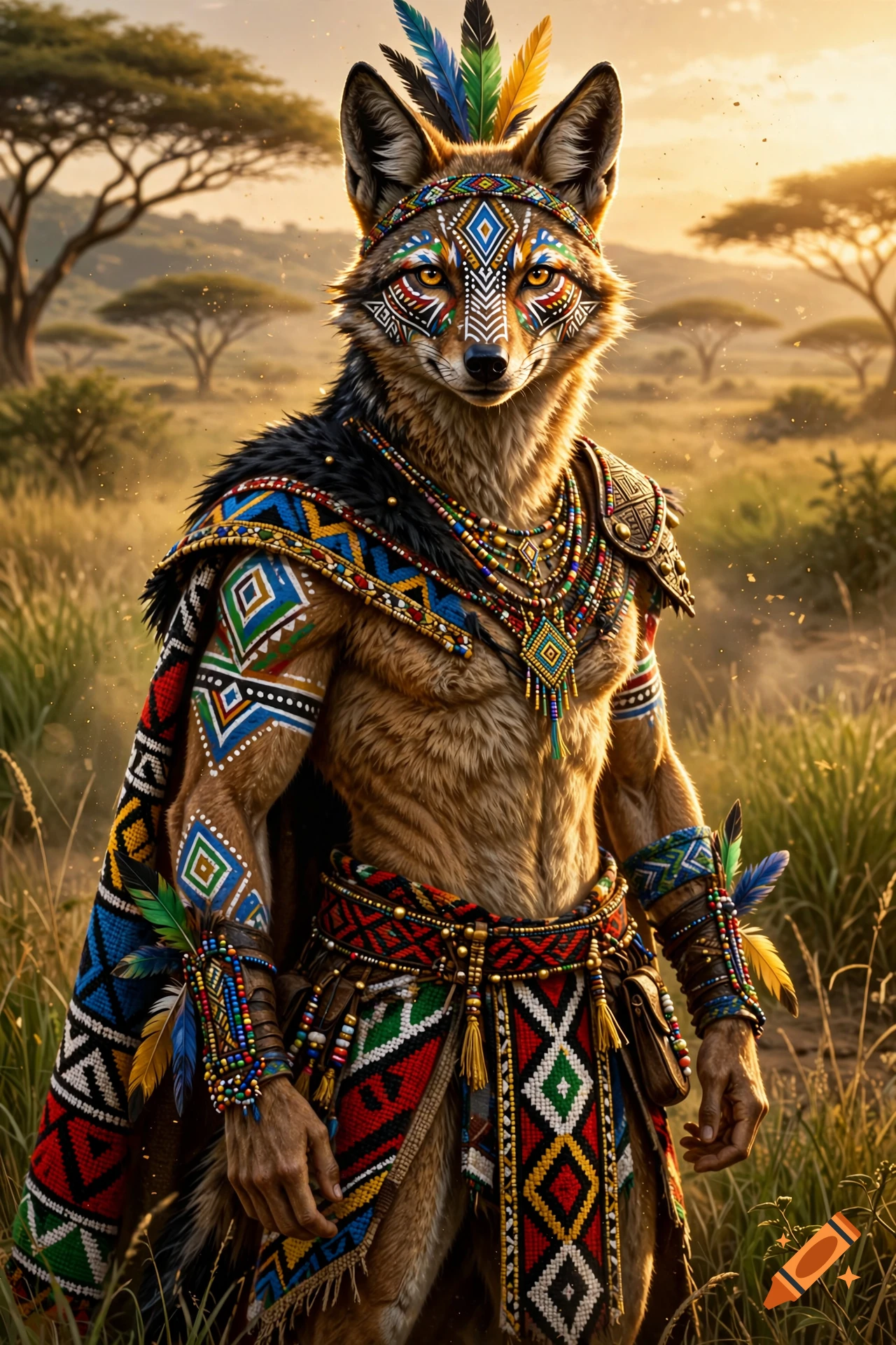 An anthropomorphic black-backed jackal character in African tribal paint, colorful bead necklace, feathered headpiece, and patterned garments, standing in a savannah landscape.