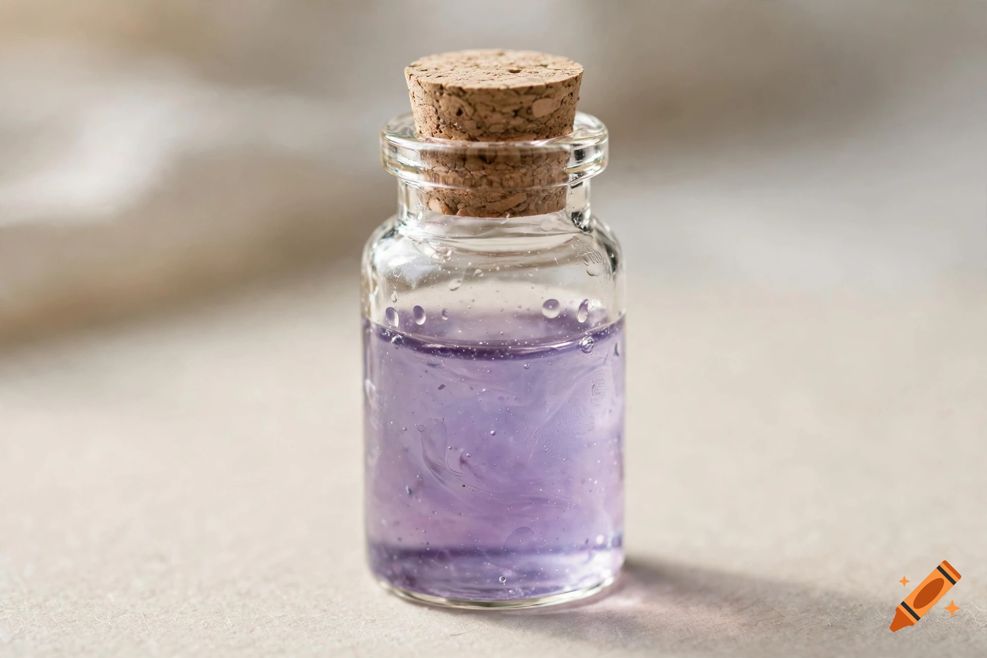 Close-up photorealistic shot of a small glass bottle filled with light purple magic potion, sealed with a cork stopper.