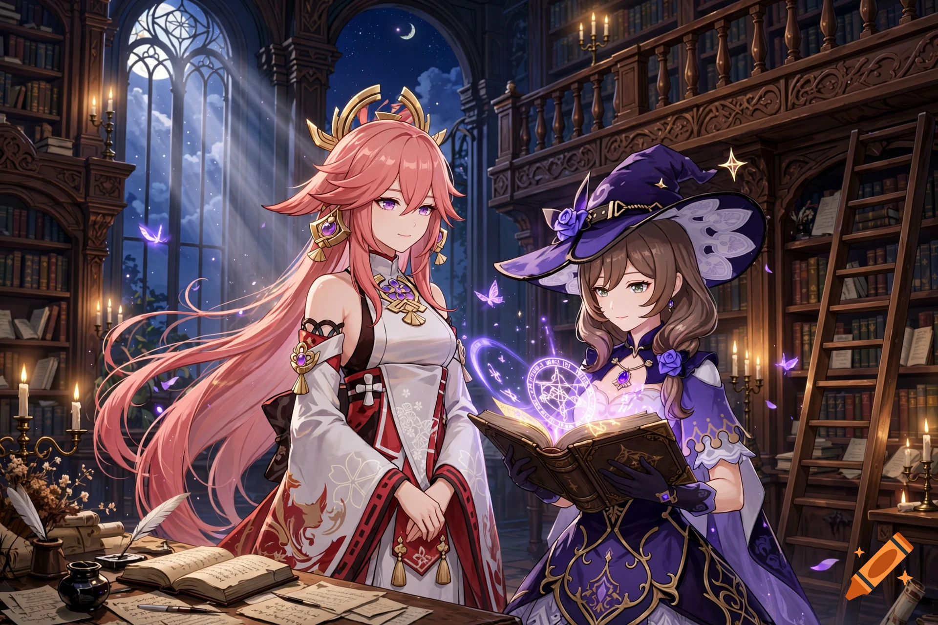 Anime style illustration of Yae Miko and Lisa from Genshin Impact inside a grand library at night.