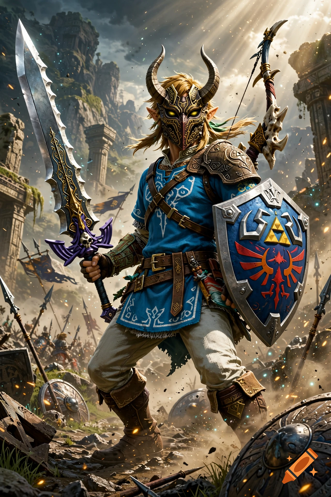 A warrior wearing a horned mask and blue tunic stands on a battlefield holding a sword and shield, surrounded by ruins and debris.