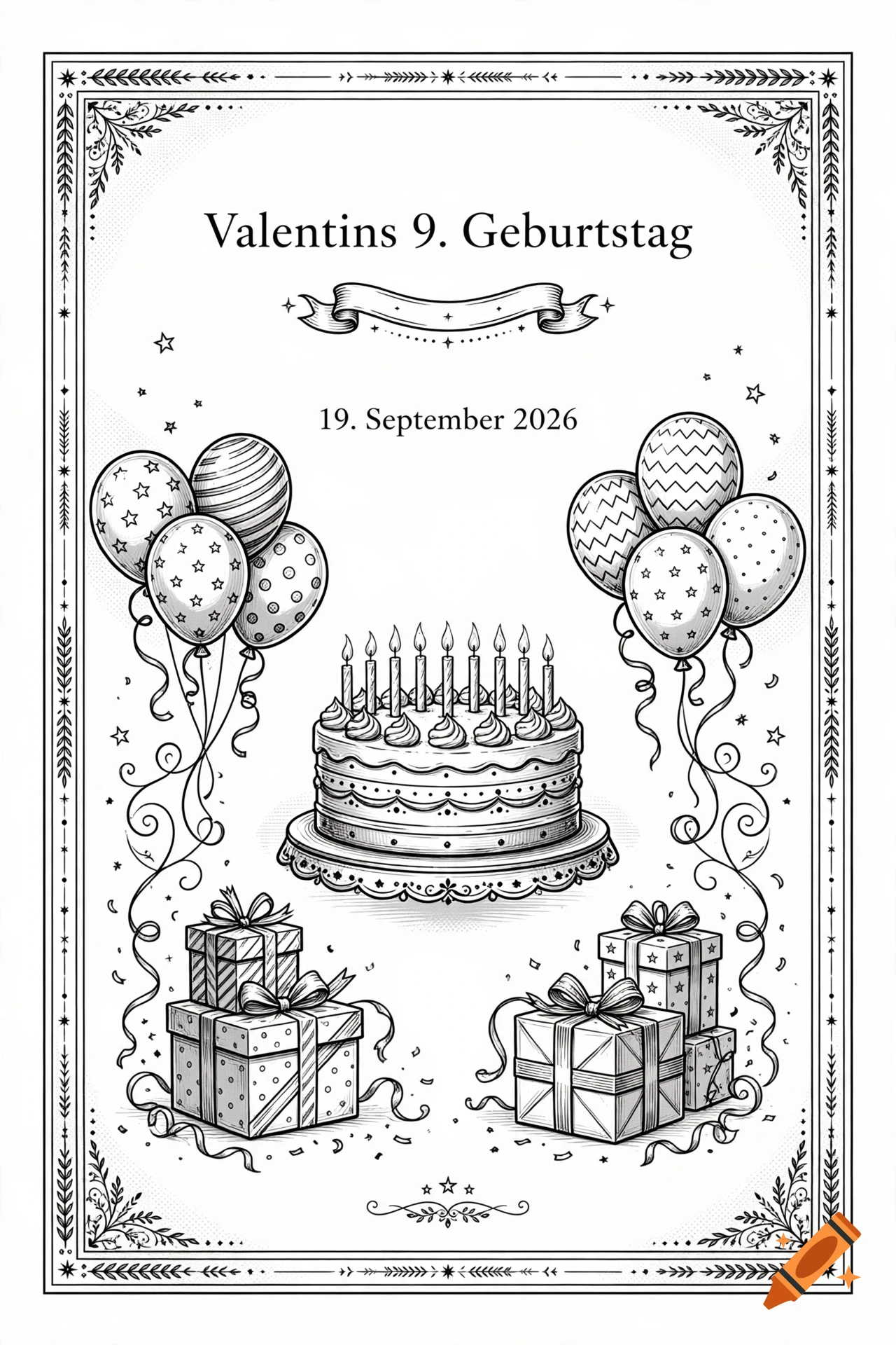 Black and white line art birthday greeting card design with a cake, balloons, and presents, featuring German text.