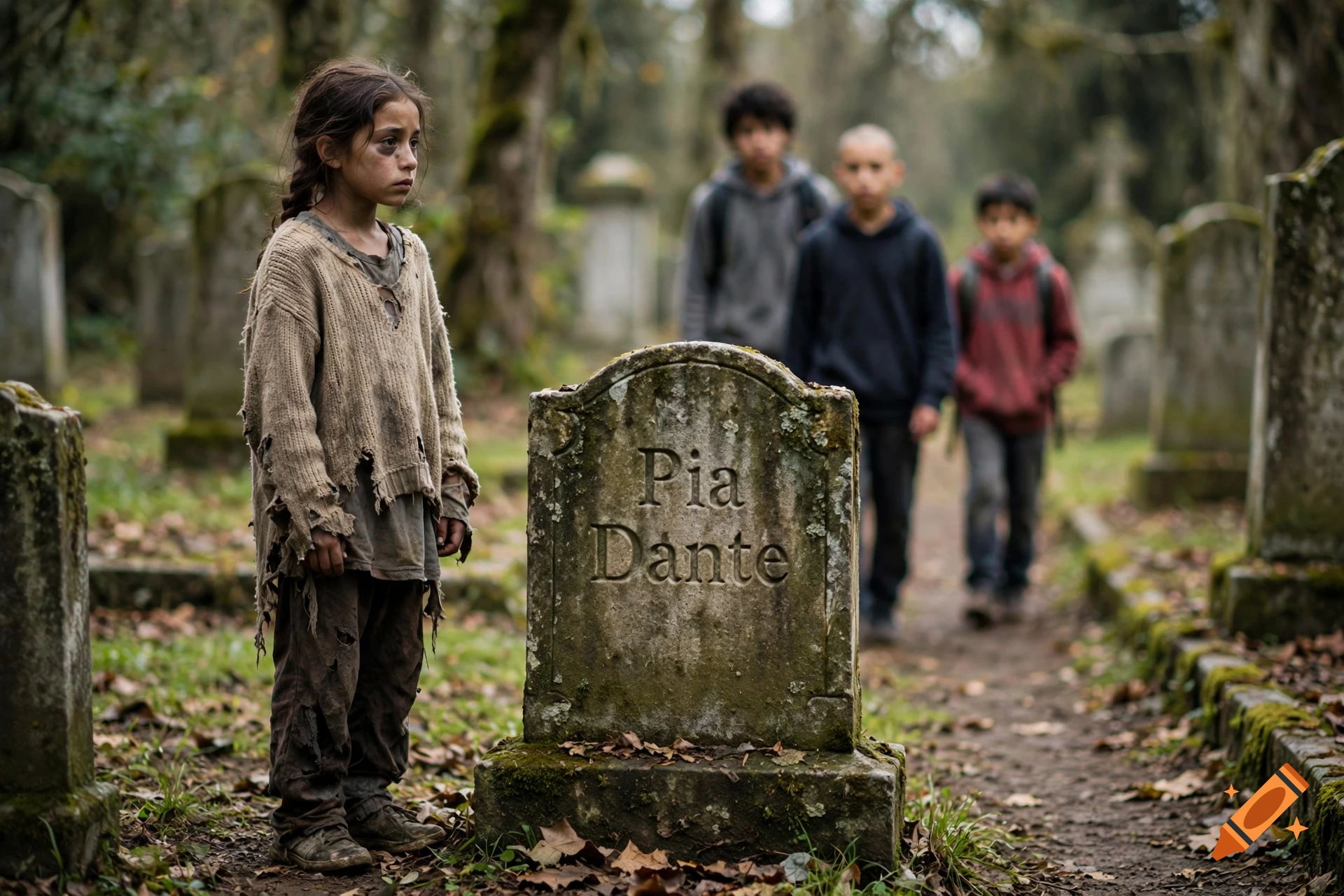 Photorealistic scene of a sad, ragged young girl standing next to a tombstone reading 'Pia Dante' in a cemetery, with three boys in the background.