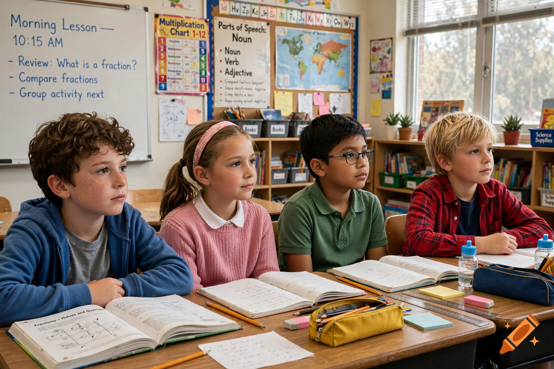 Four elementary school students sitting at desks in a classroom, listening to a lesson, photorealistic.