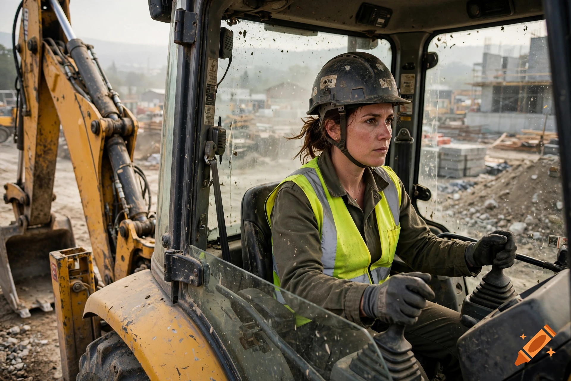 Photorealistic image of a woman wearing a hard hat and safety vest operating a backhoe excavator on a construction site.