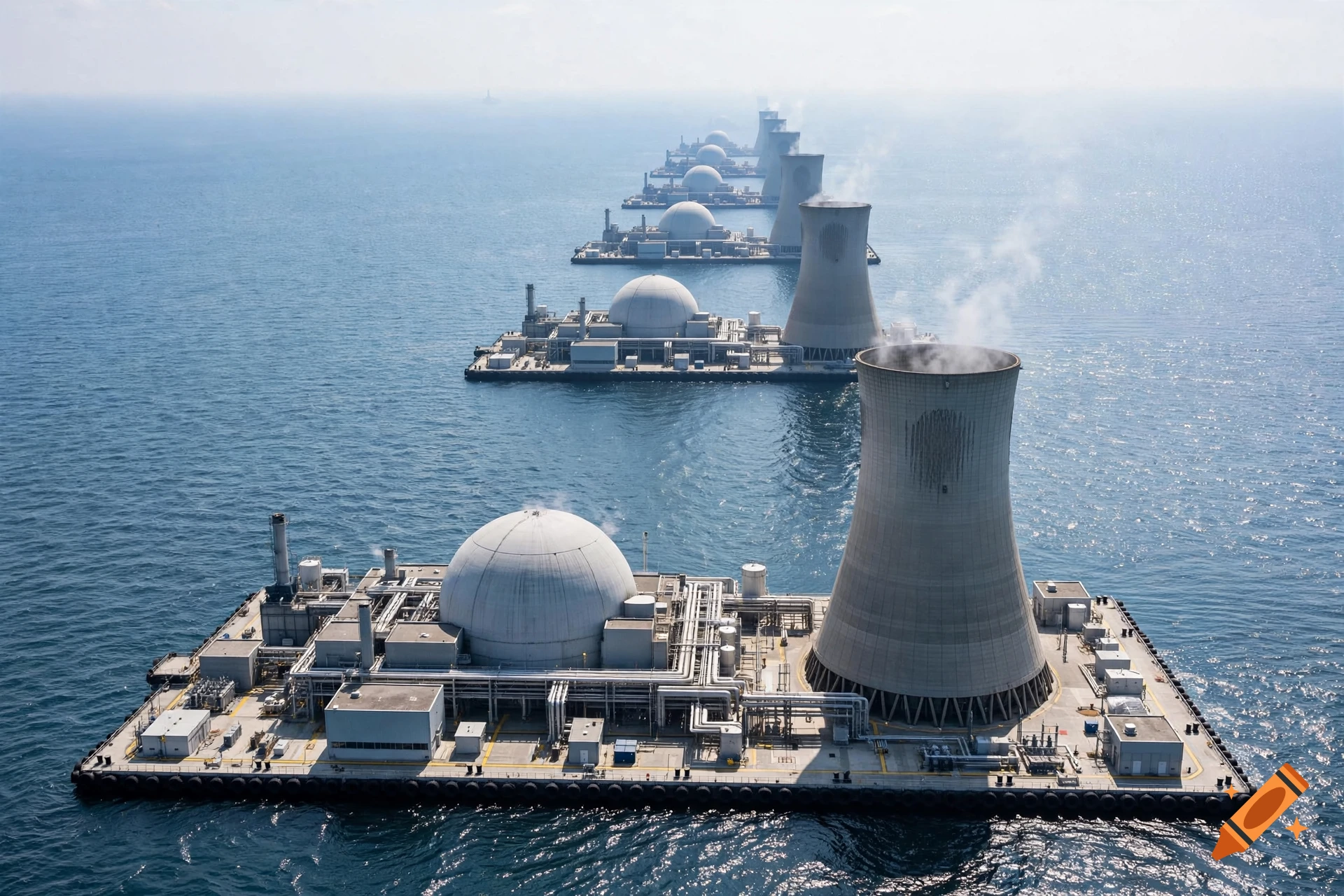 Photorealistic aerial view of multiple floating nuclear power plants with large cooling towers aligned in the ocean.