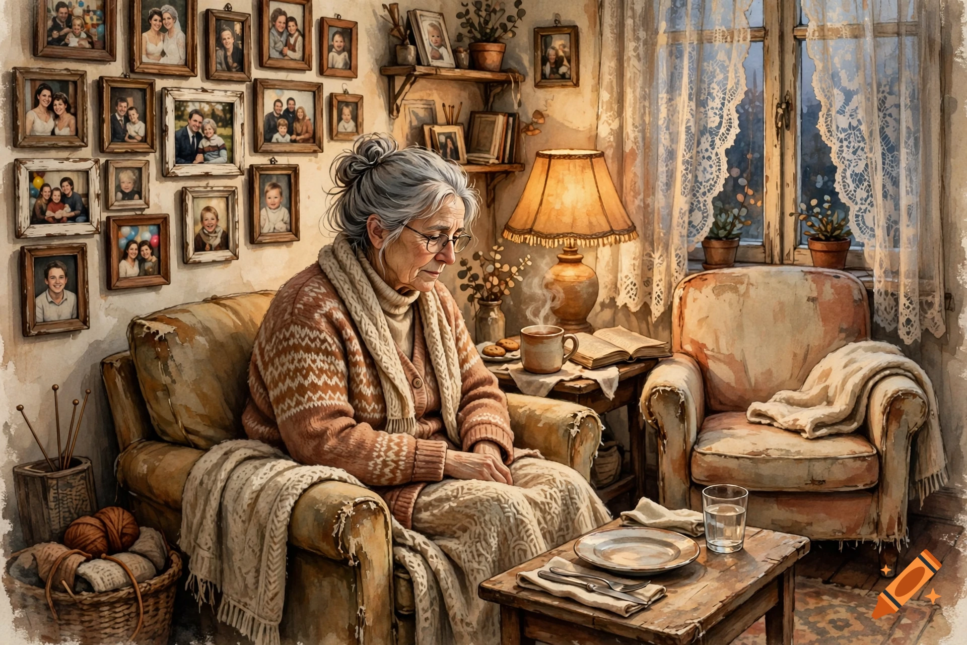 Watercolor illustration of an elderly person sitting alone in a cozy living room decorated with family photos.
