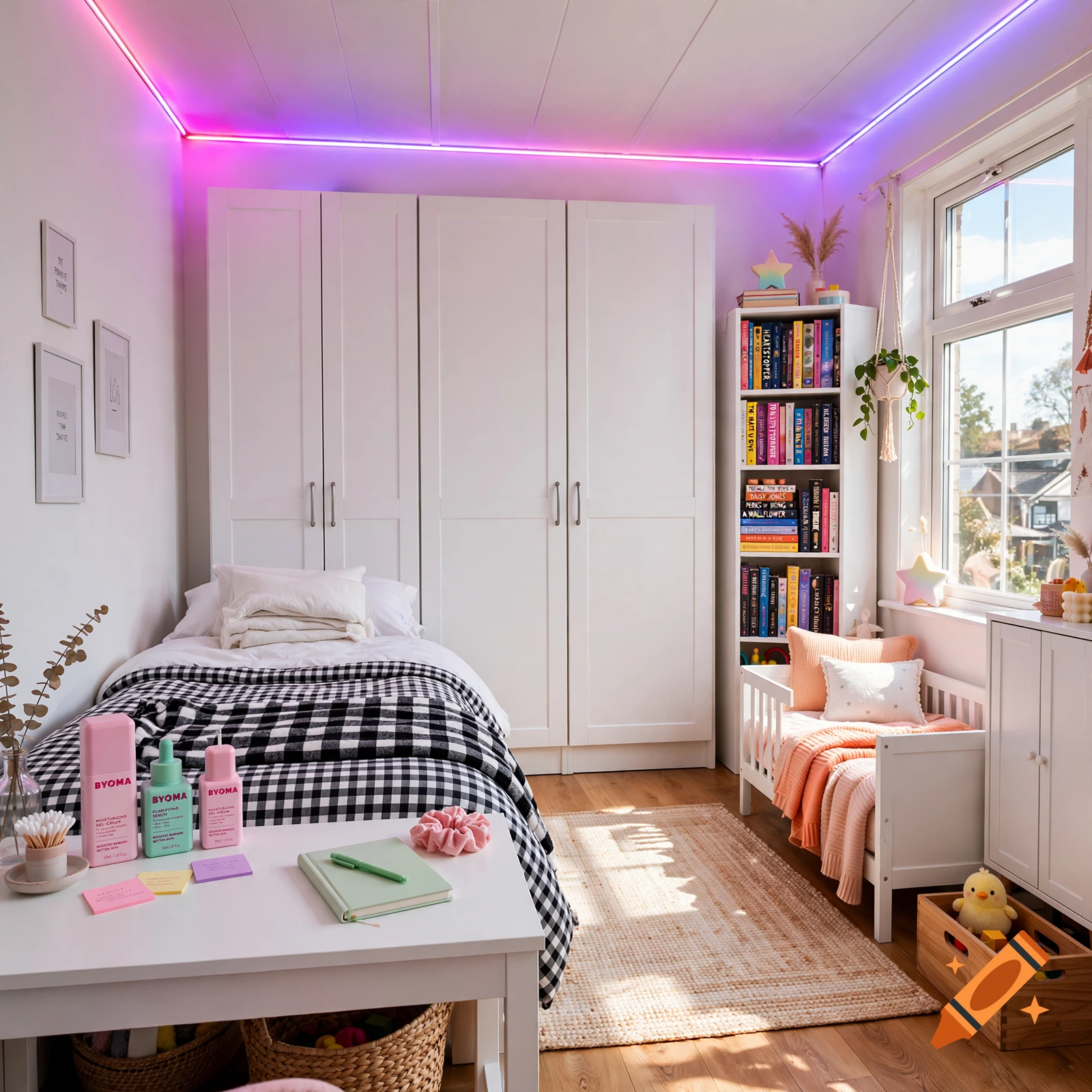 Cozy bedroom with white wardrobes, a bed with a black-and-white checkered duvet, and Byoma skincare bottles on a desk.