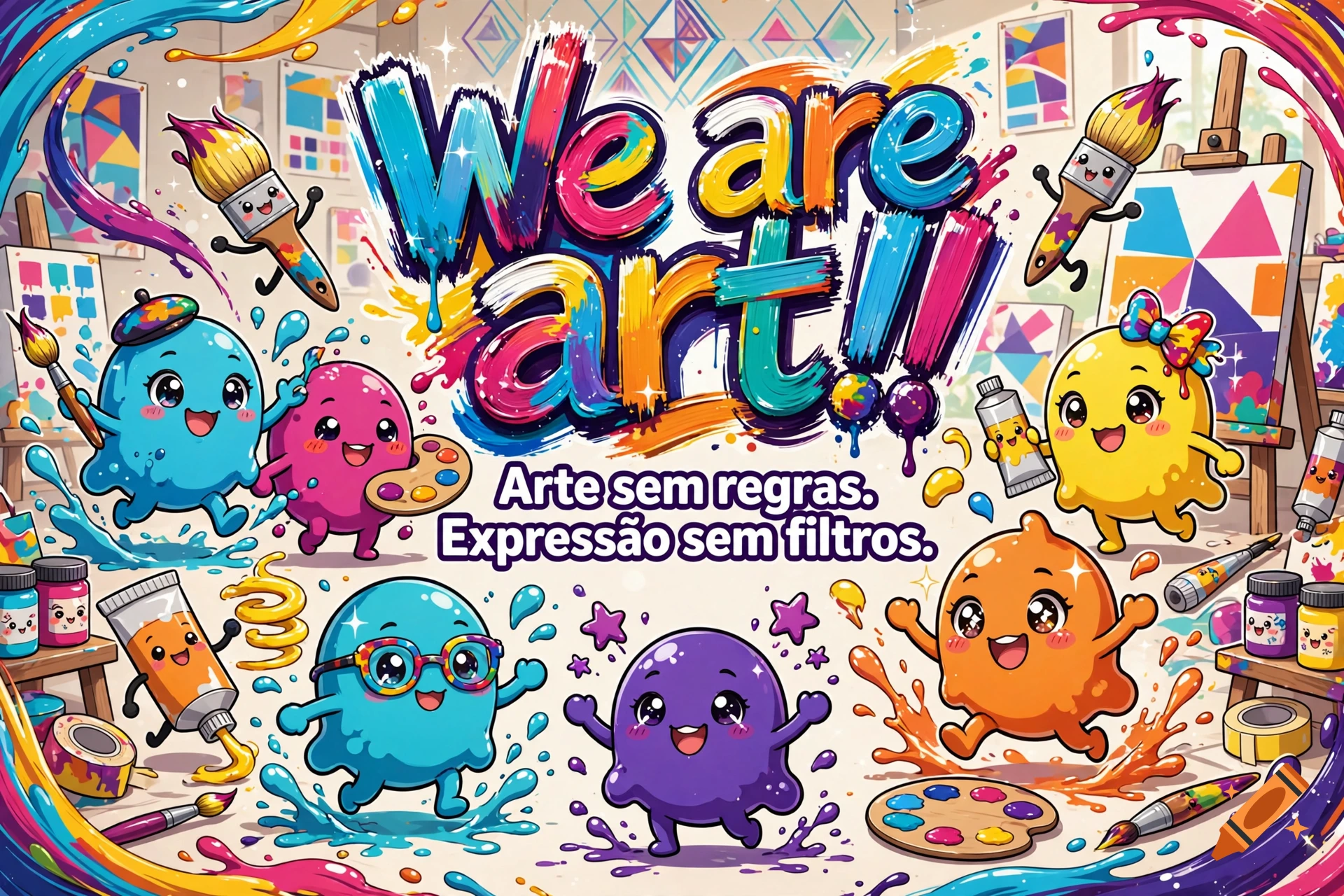 Colorful advertising illustration featuring cheerful slime and paintbrush characters with paint splatters and bold text reading We are art.