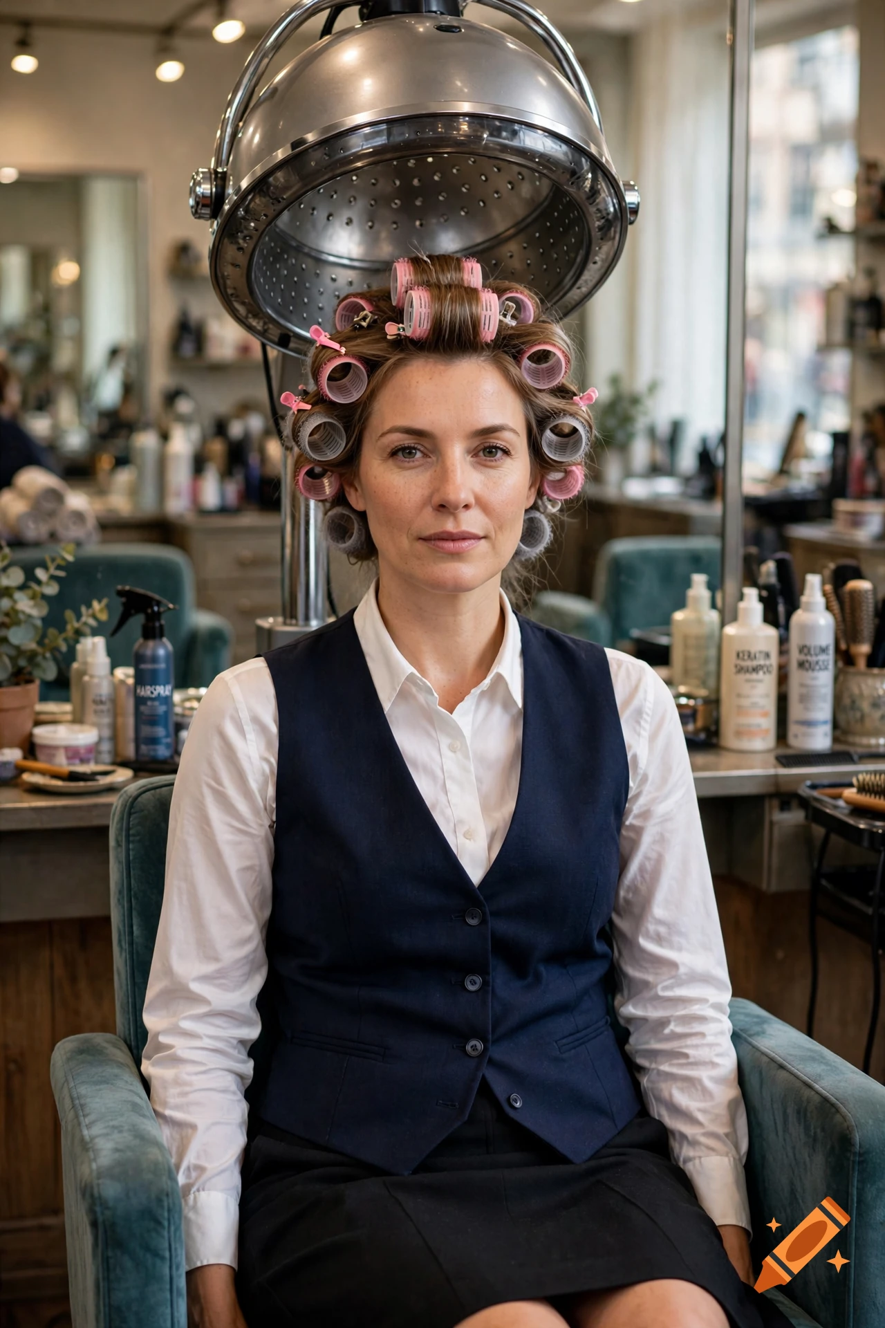 Photorealistic portrait of a woman with hair rollers under a vintage salon hairdryer, wearing a white shirt and dark vest.