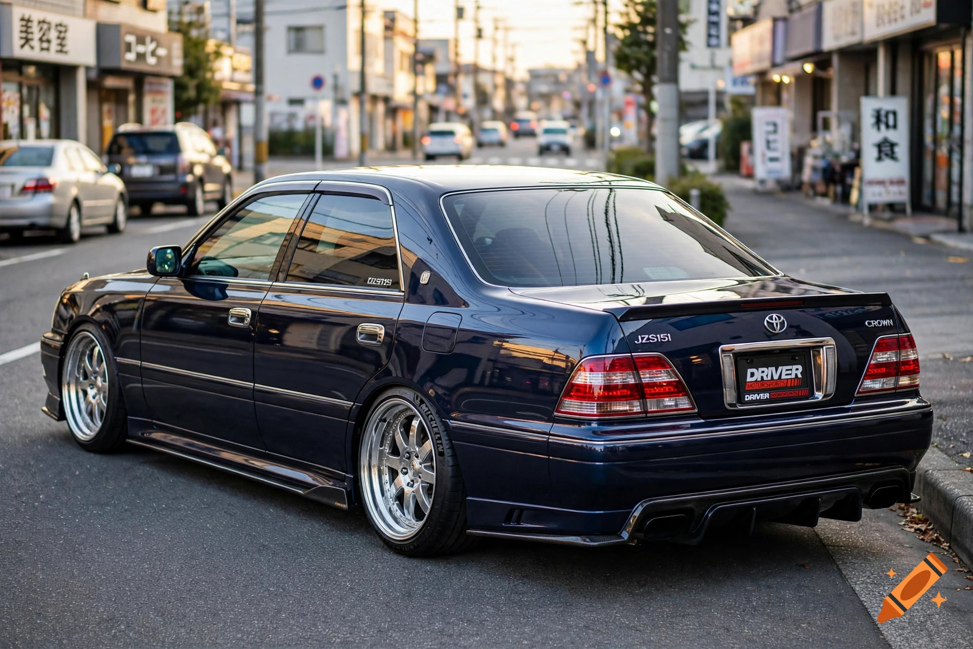 Photorealistic rear-angle view of a dark blue modified Toyota Crown sedan parked on a Japanese city street at sunset.