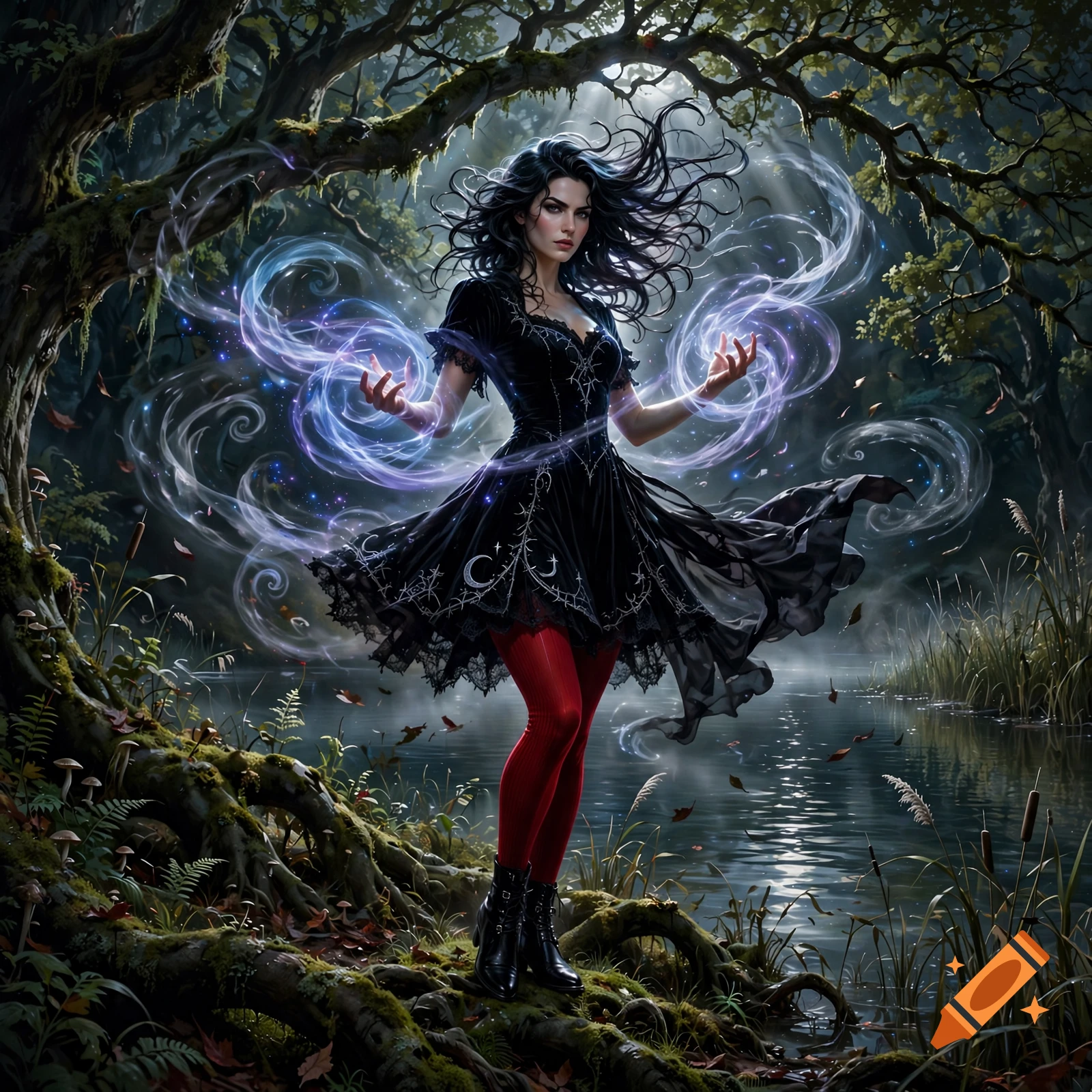 A witch in a black dress and red tights stands by a lake in a forest, casting air magic from her hands, photorealistic style.