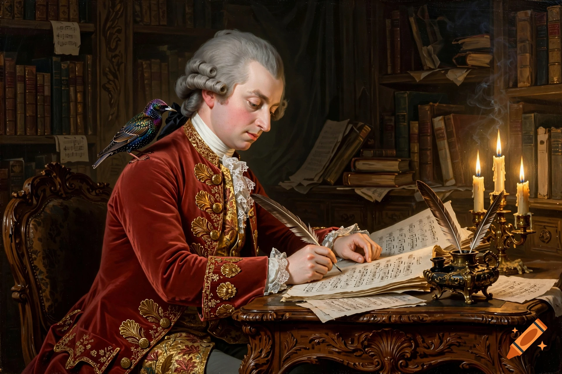 An 18th-century style oil painting of Wolfgang Amadeus Mozart composing music at a desk by candlelight, with a starling on his shoulder.
