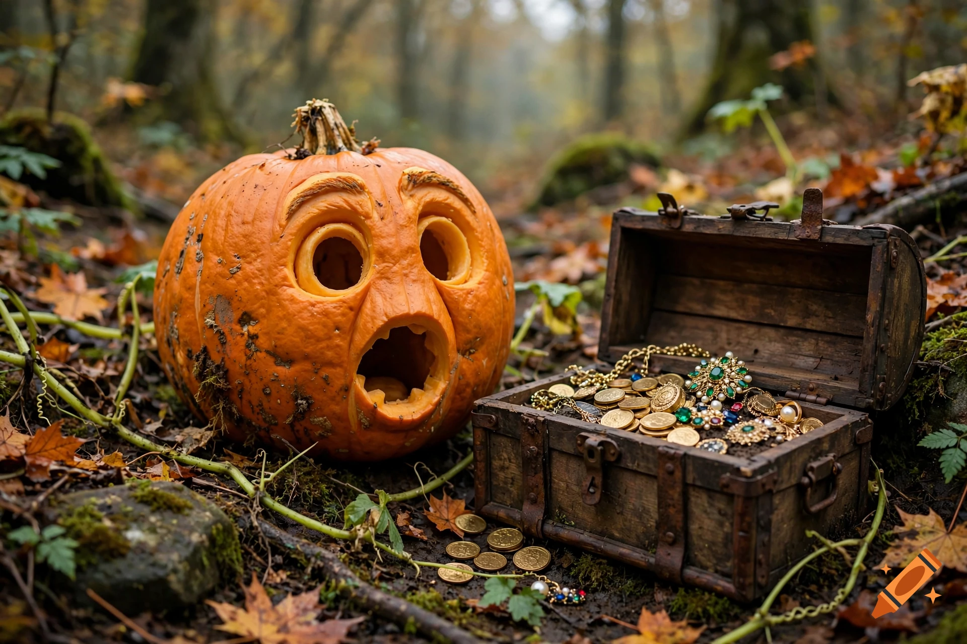 A carved pumpkin with a shocked expression next to an open wooden treasure chest filled with gold coins and jewels in a forest.