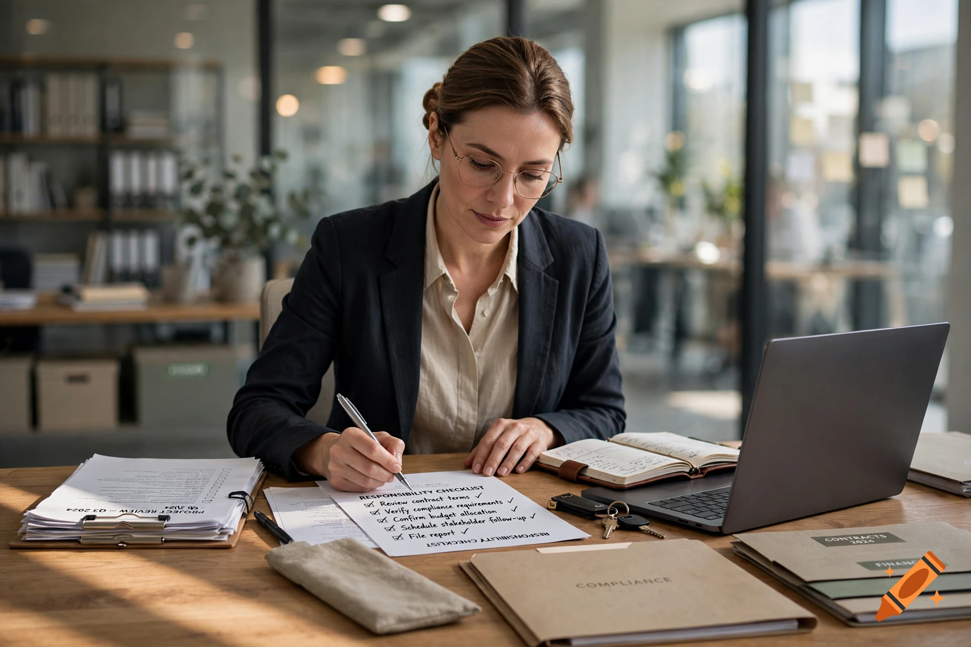 Photorealistic image of a professional woman in a blazer reviewing a responsibility checklist at a desk with a laptop.