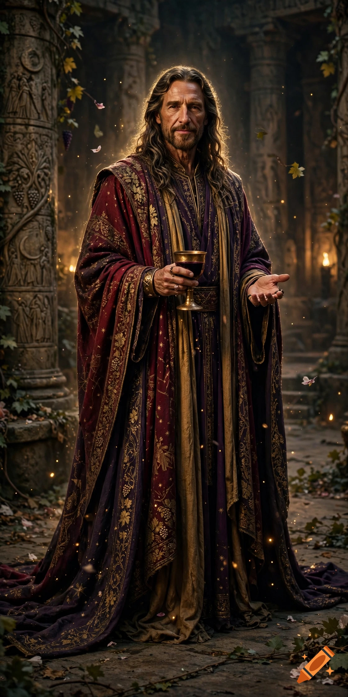 Photorealistic depiction of an ancient cosmic god with long dark-golden hair wearing rich red and purple robes, holding a golden chalice.