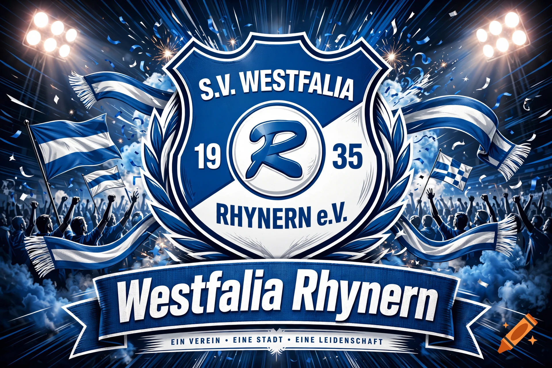 Fan design banner for Westfalia Rhynern featuring a blue and white crest, team name, and celebrating fans in a stadium.