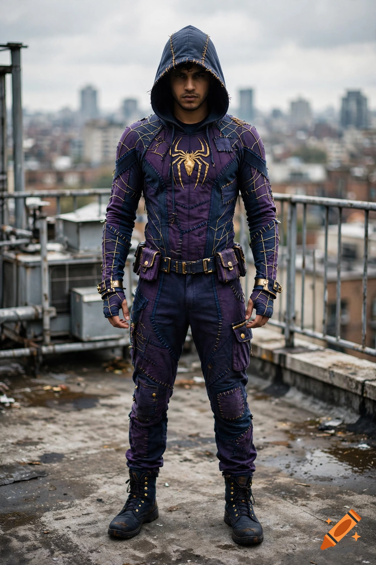 Photorealistic image of a person wearing a homemade purple and dark blue Spider-Man suit with a hoodie, standing on a rooftop.