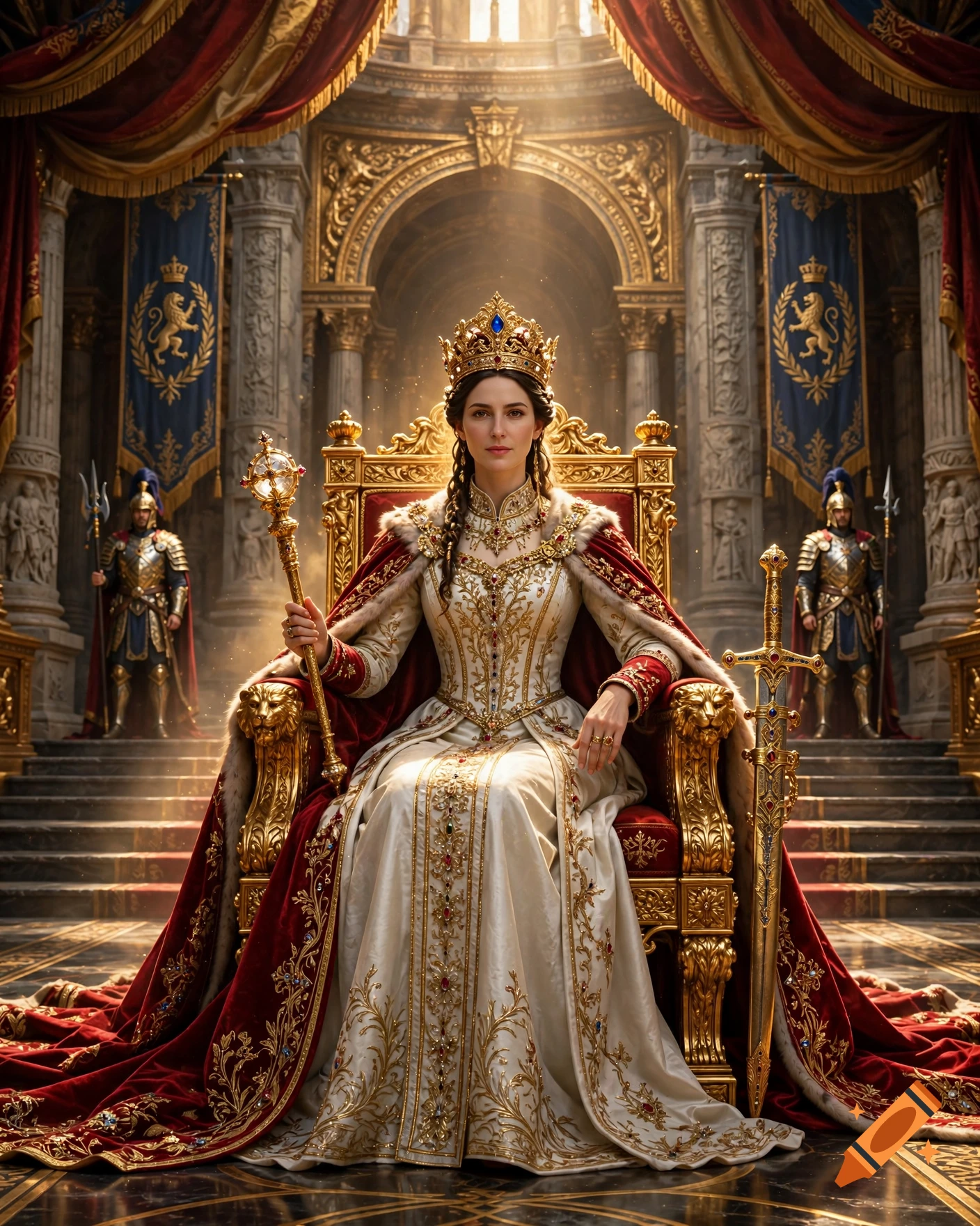 Cinematic royal portrait of Queen Elira sitting on a golden throne in an ancient palace, wearing an ivory and crimson gown with a crown and scepter.