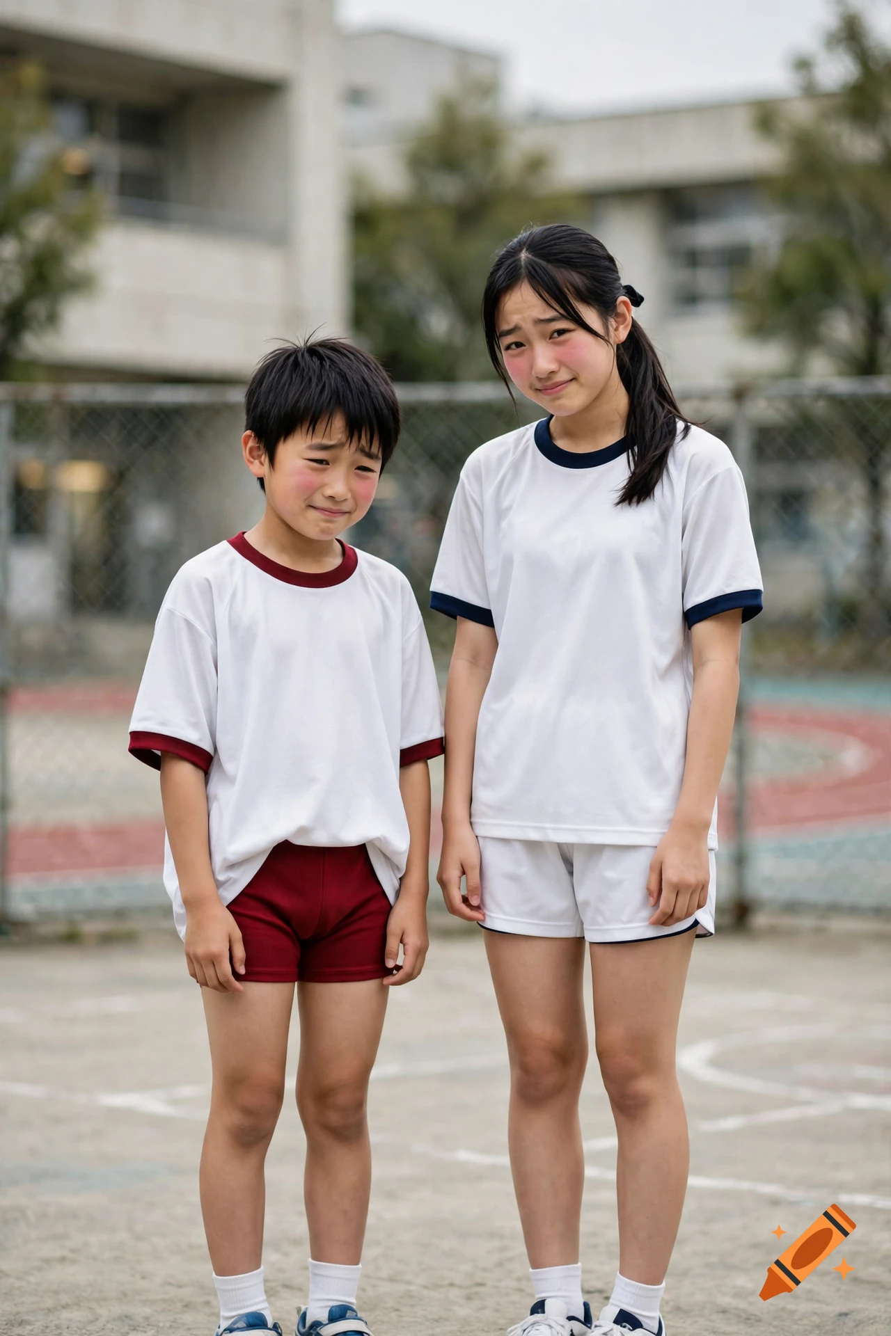 A young boy and girl in school athletic wear standing together looking shy on a school playground, photorealistic.
