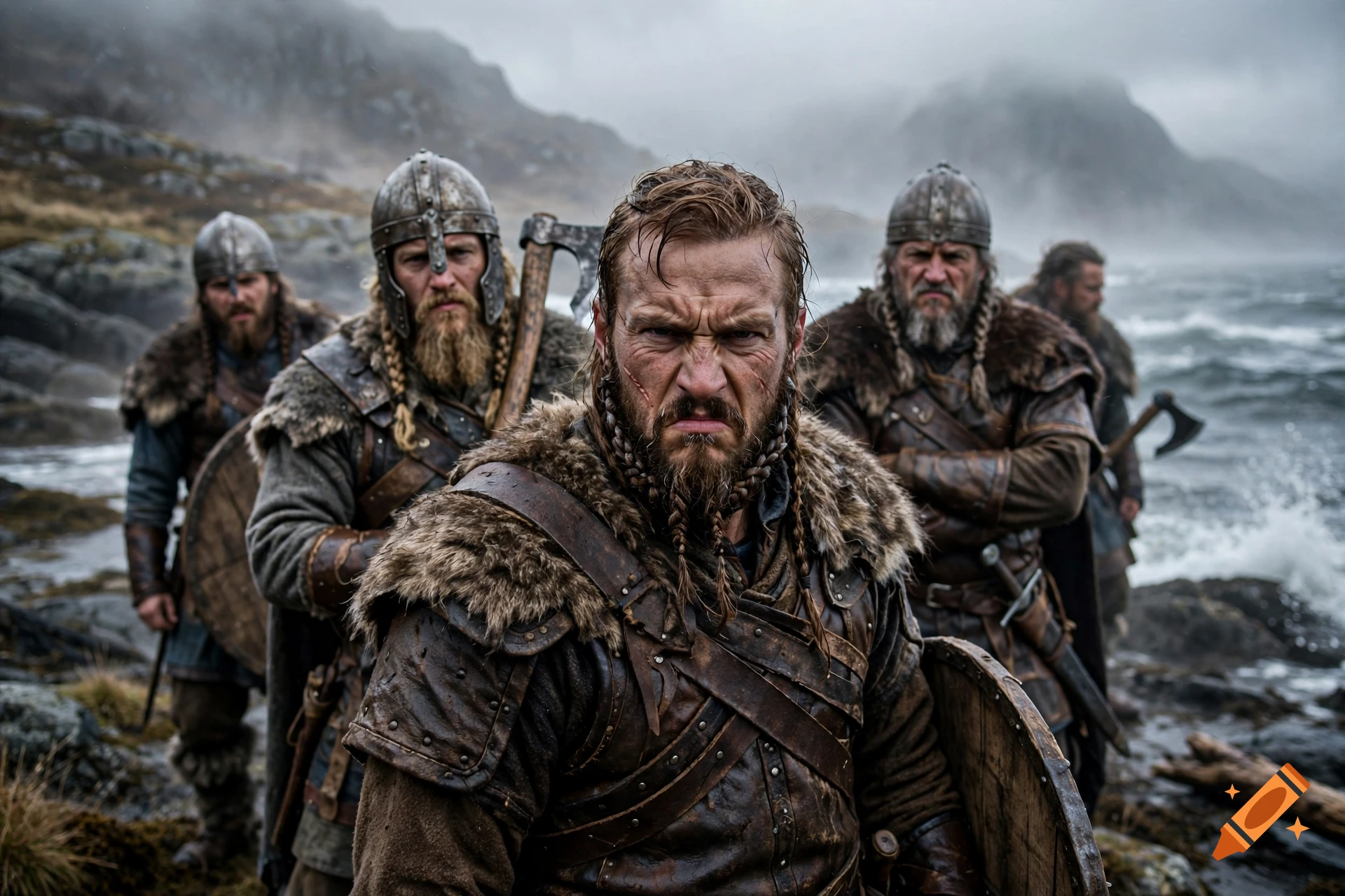 Photorealistic image of a group of sour-faced Viking warriors in leather armor standing by a rocky shore.