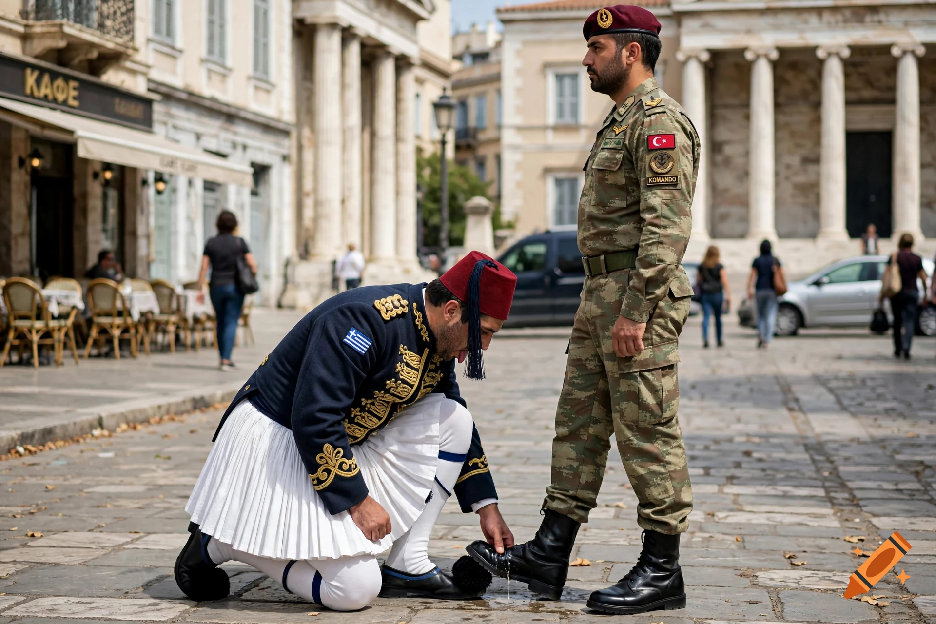 Photorealistic scene of a Greek soldier in traditional uniform kneeling in front of a Turkish soldier in a public square in Athens.