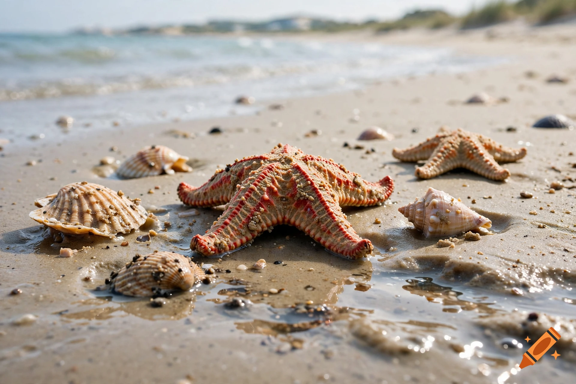 Photorealistic image of starfish and seashells scattered on a sandy beach near the ocean waves.