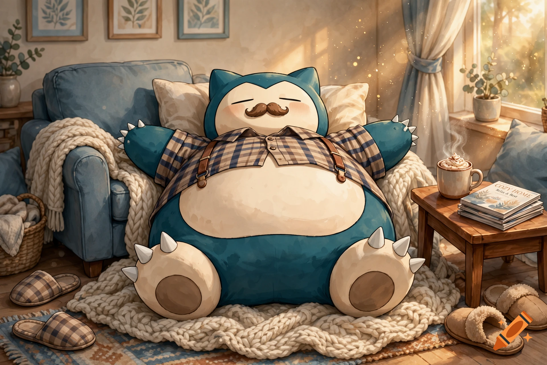 Digital illustration of a sleeping Snorlax with a mustache and dad shirt, lounging on a cozy armchair surrounded by pillows.