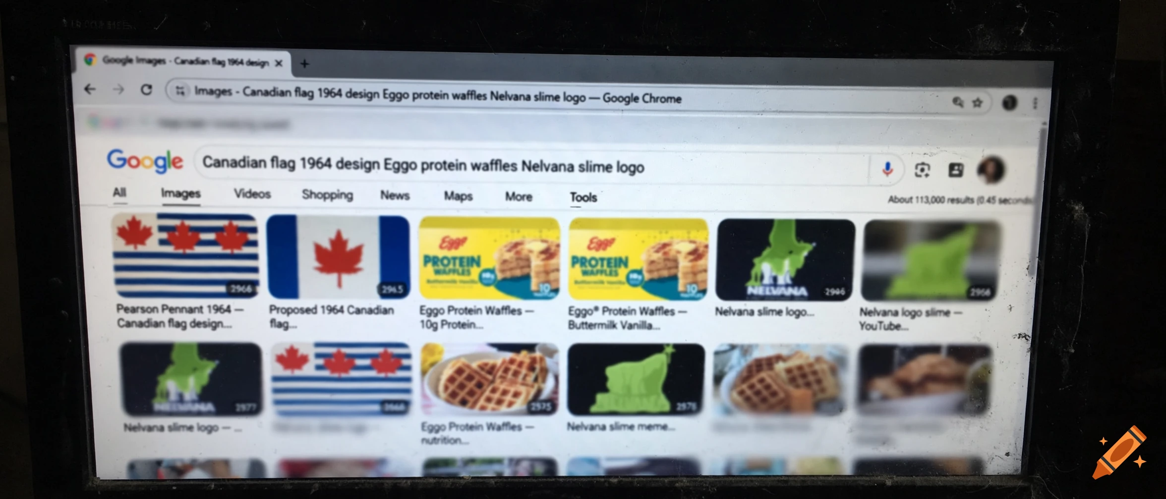 A low quality blurry photo of a computer screen displaying a Google image search.