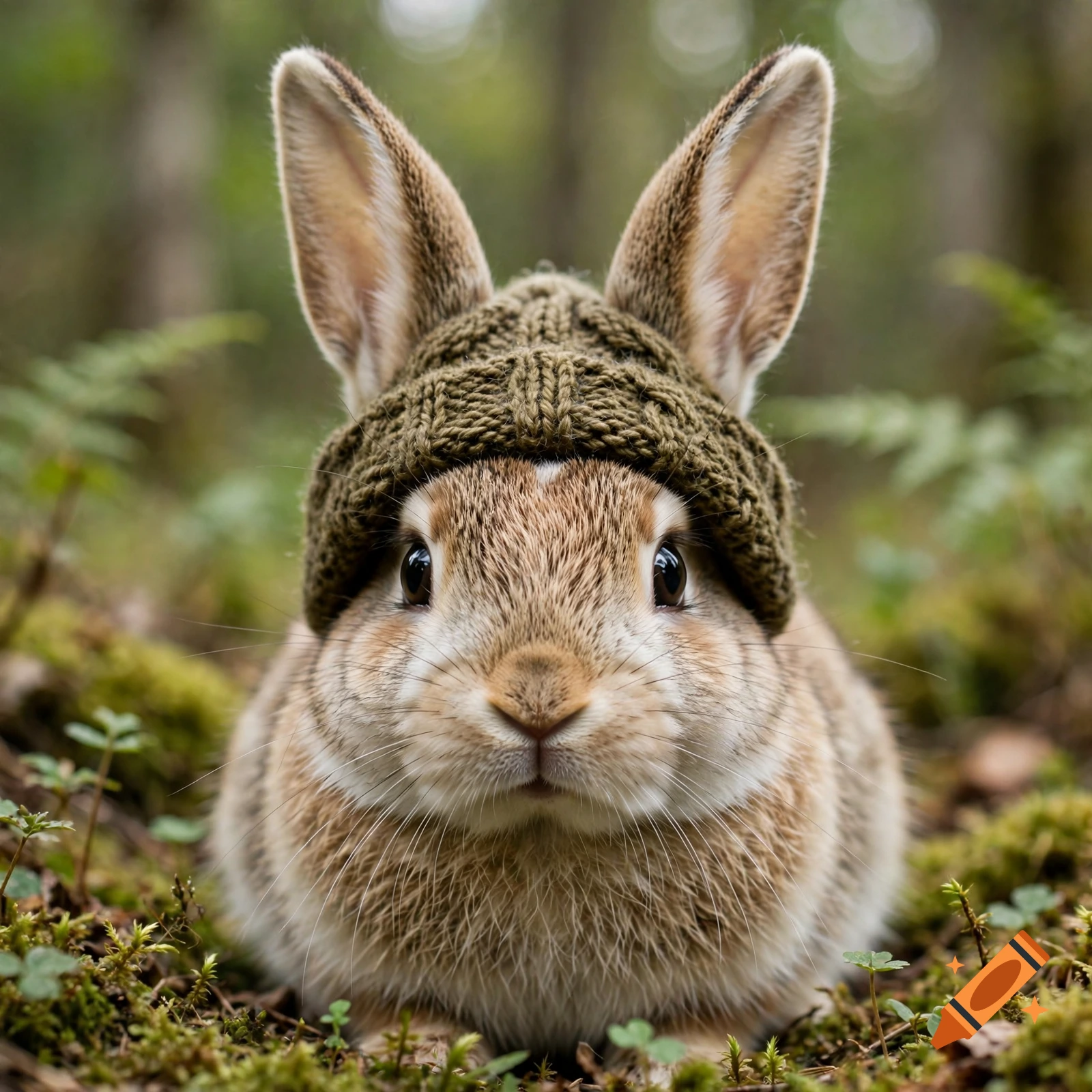 Close-up photorealistic shot of a brown rabbit wearing a small green knitted hat in a forest.
