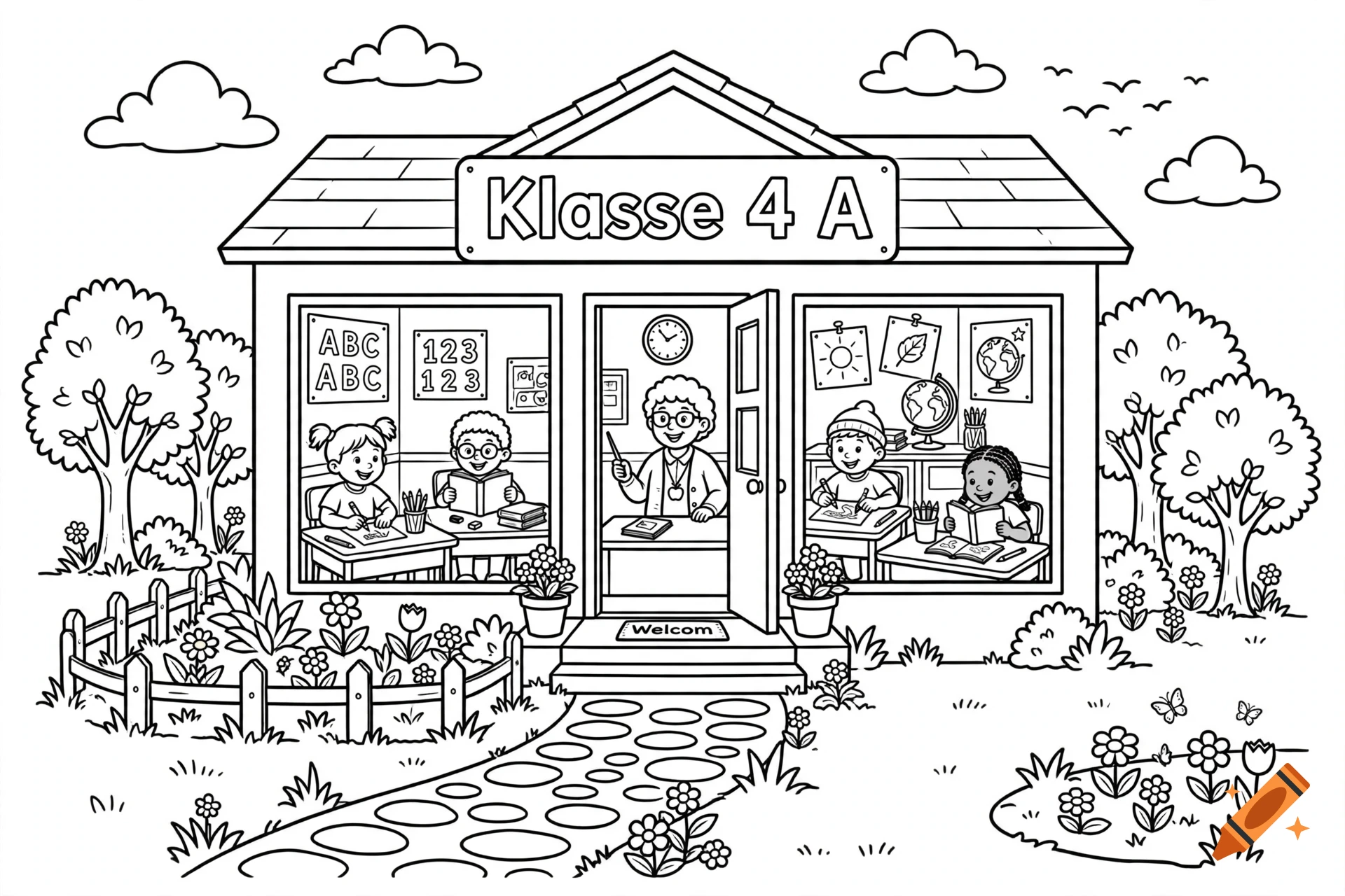 Black and white line art coloring page of a schoolhouse with children in classrooms and a teacher standing in the doorway.