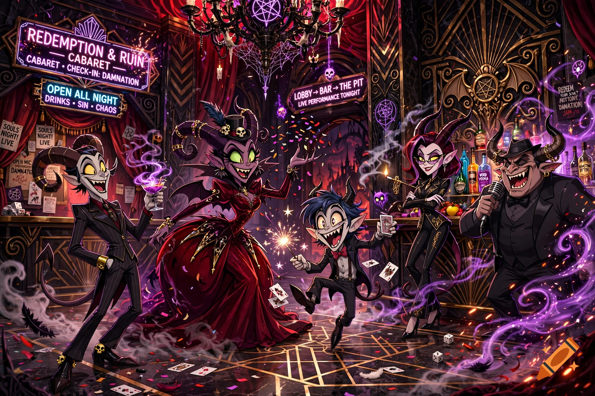 Stylized cartoon illustration of demonic characters in a lavish cabaret club, reminiscent of Hazbin Hotel.