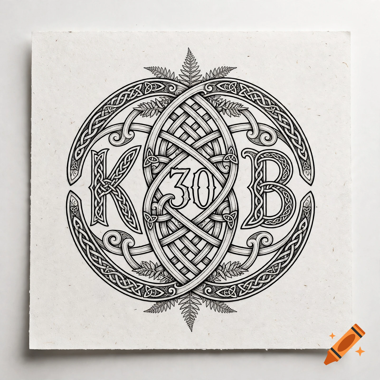 Intricate black and white Celtic knot design featuring the initials K and B with the number 30 in the center.