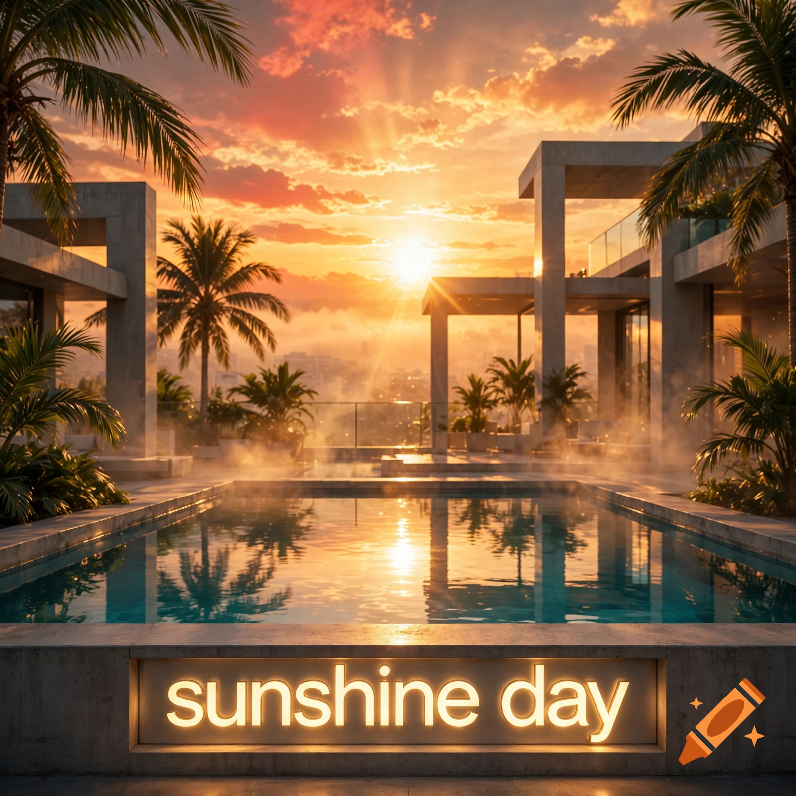 Photorealistic luxury rooftop pool at sunset with palm trees, modern architecture, and glowing text reading sunshine day.
