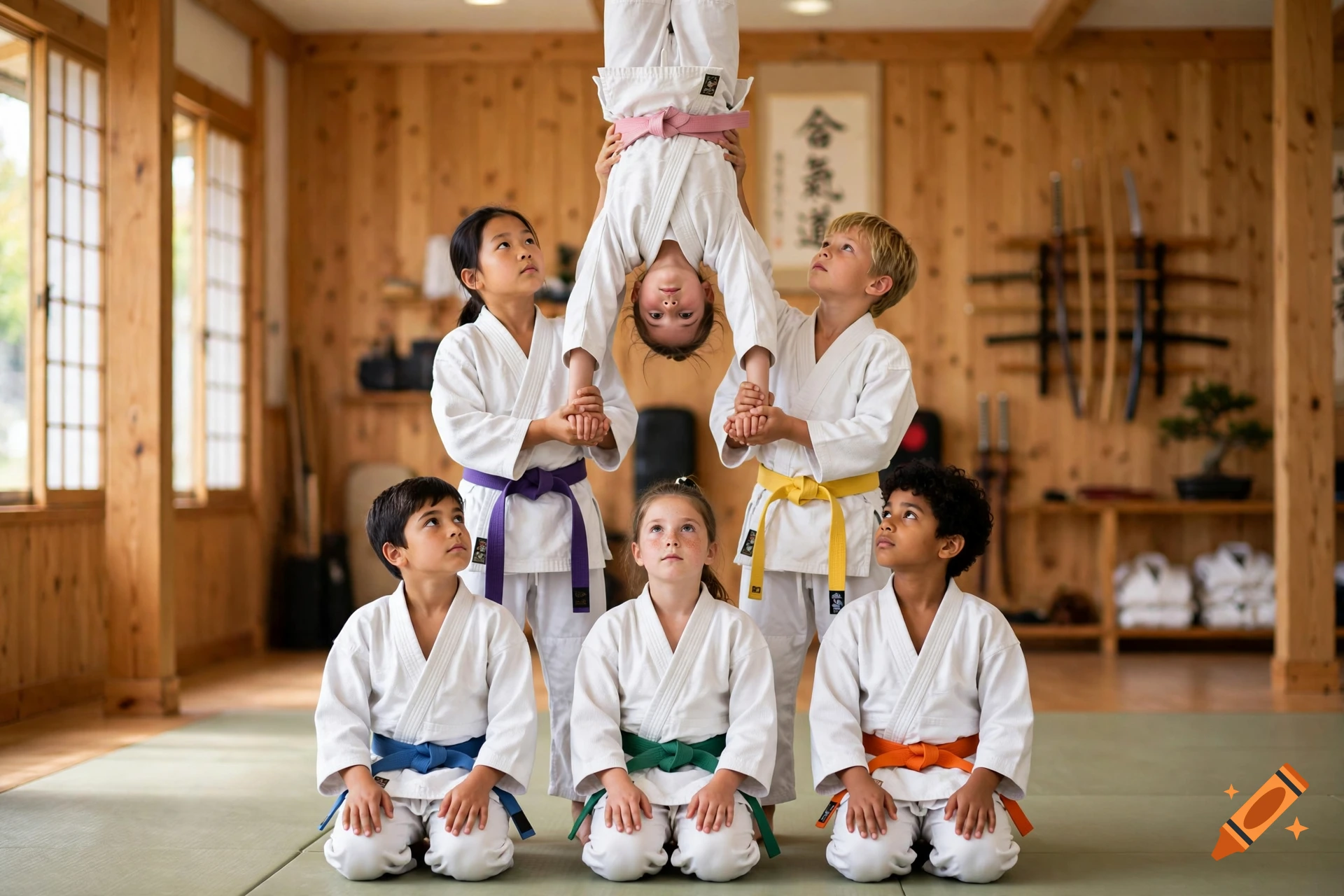 Children in martial arts uniforms posing in a dojo, with one child held upside down in a pyramid formation.
