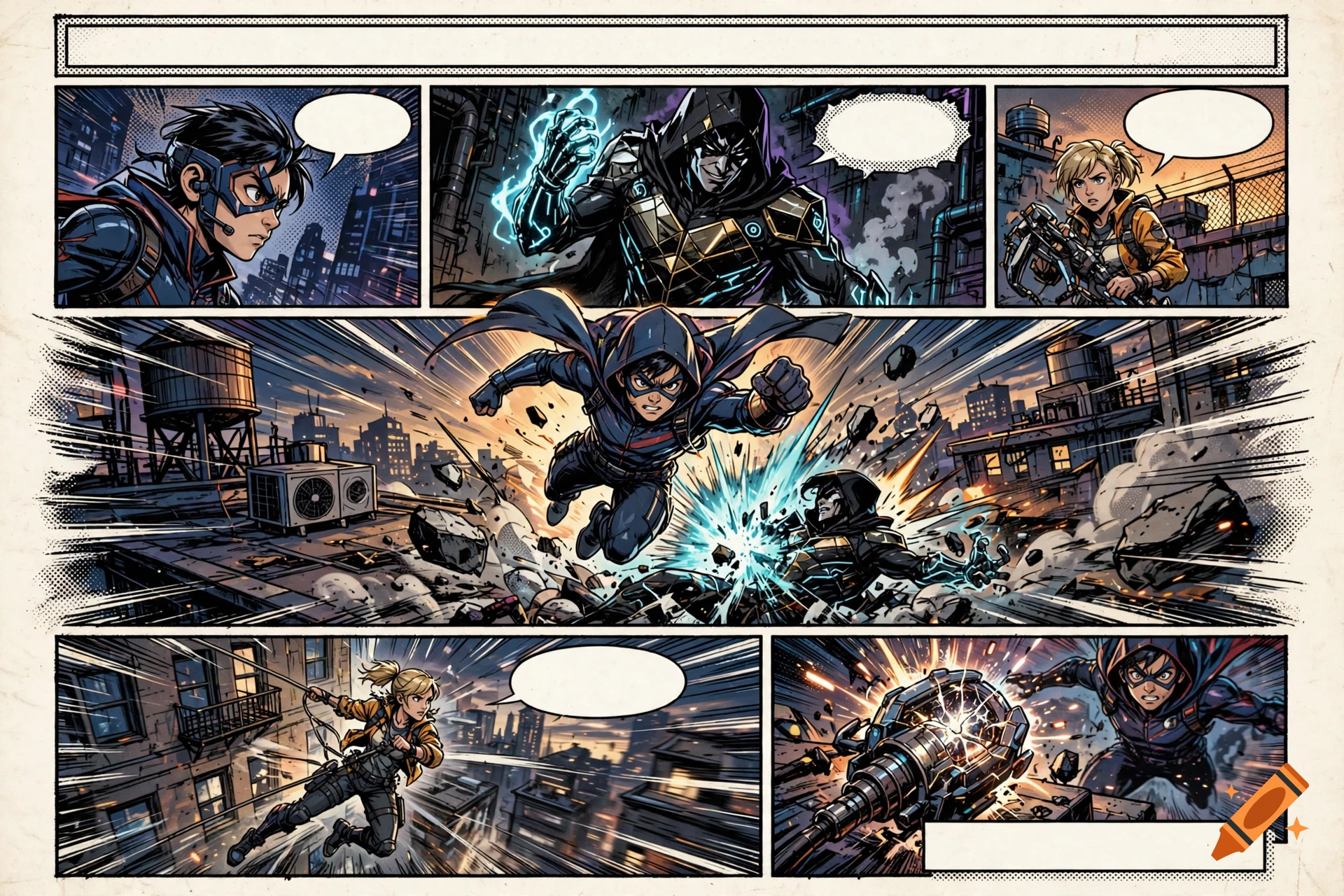Comic book panel page showing action scenes with superheroes fighting villains, speech bubbles, and explosions.