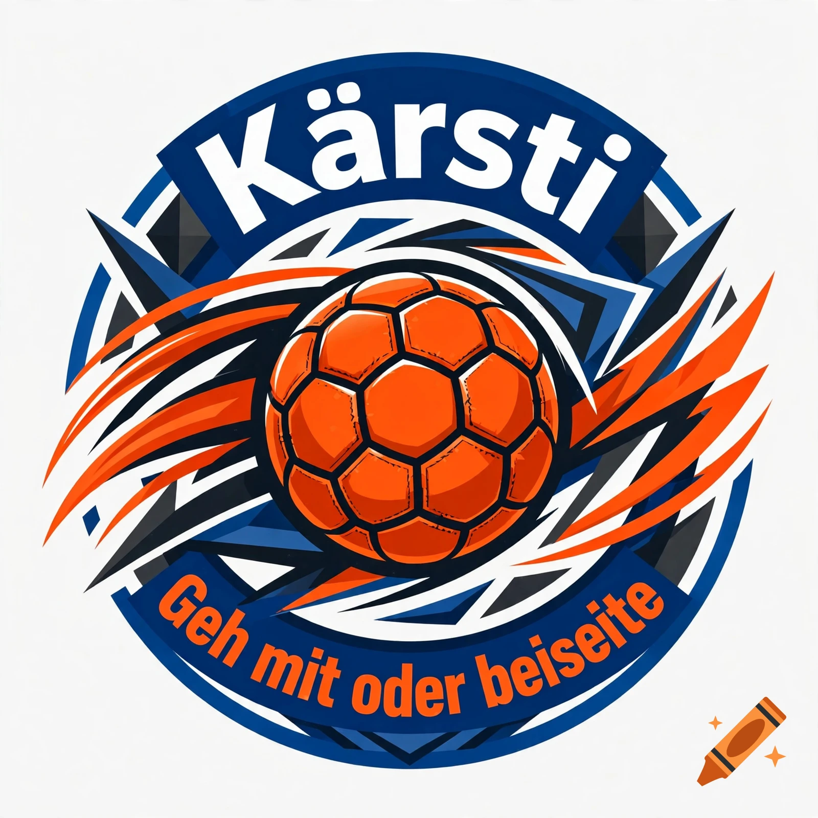 Handball logo featuring an orange ball, stylized blue and orange graphics, and the text Kärsti and Geh mit oder beiseite.